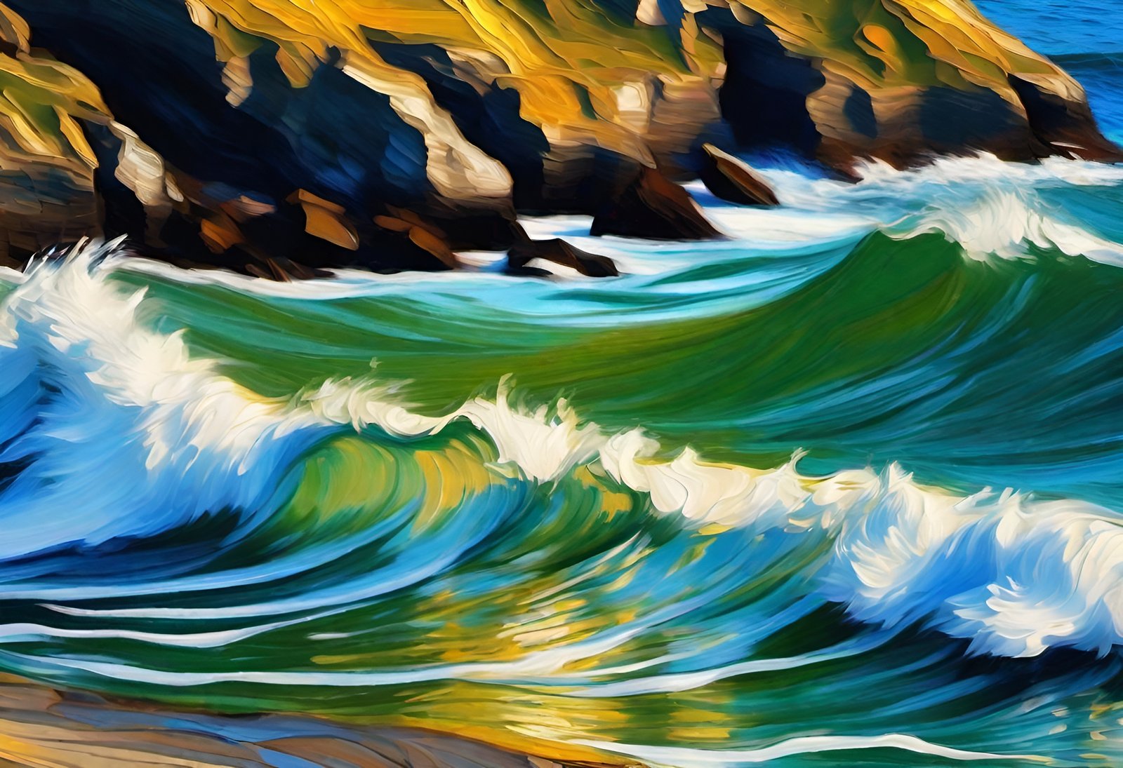 Oil painting of ocean waves crashing against rocky cliffs