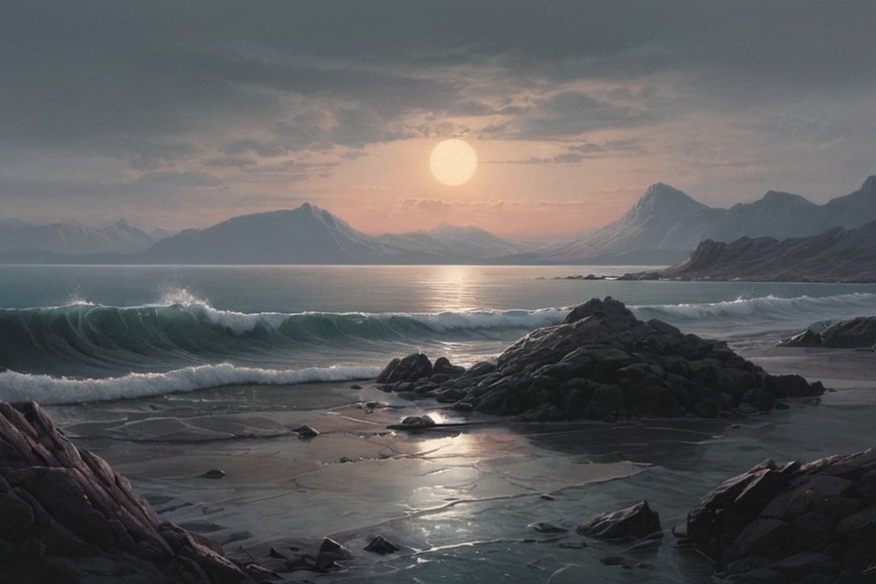 Artistic coastal scene with crashing waves on dark rocks and sunset reflection over calm sea