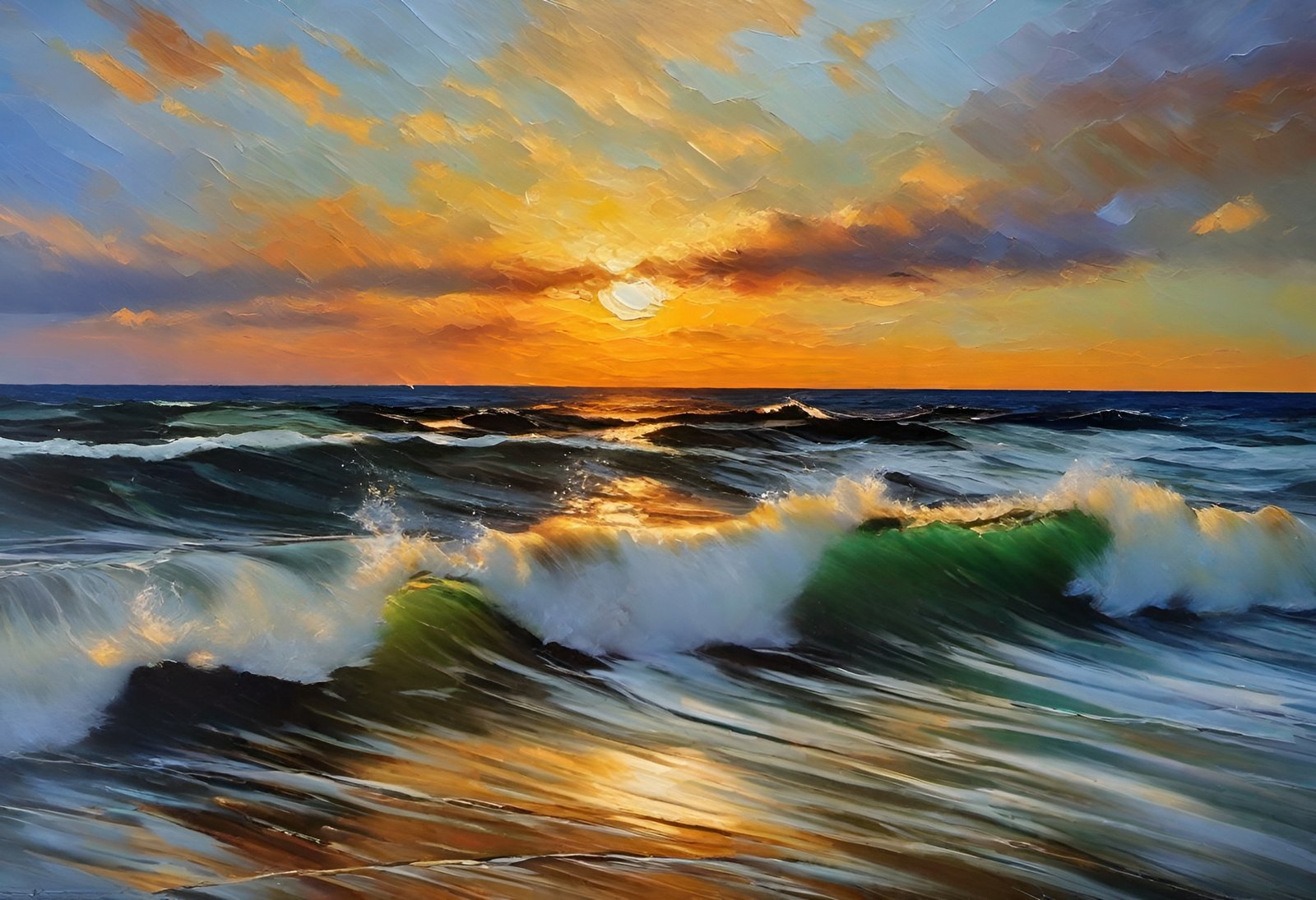 Oil painting of crashing ocean waves at sunset with sun on horizon
