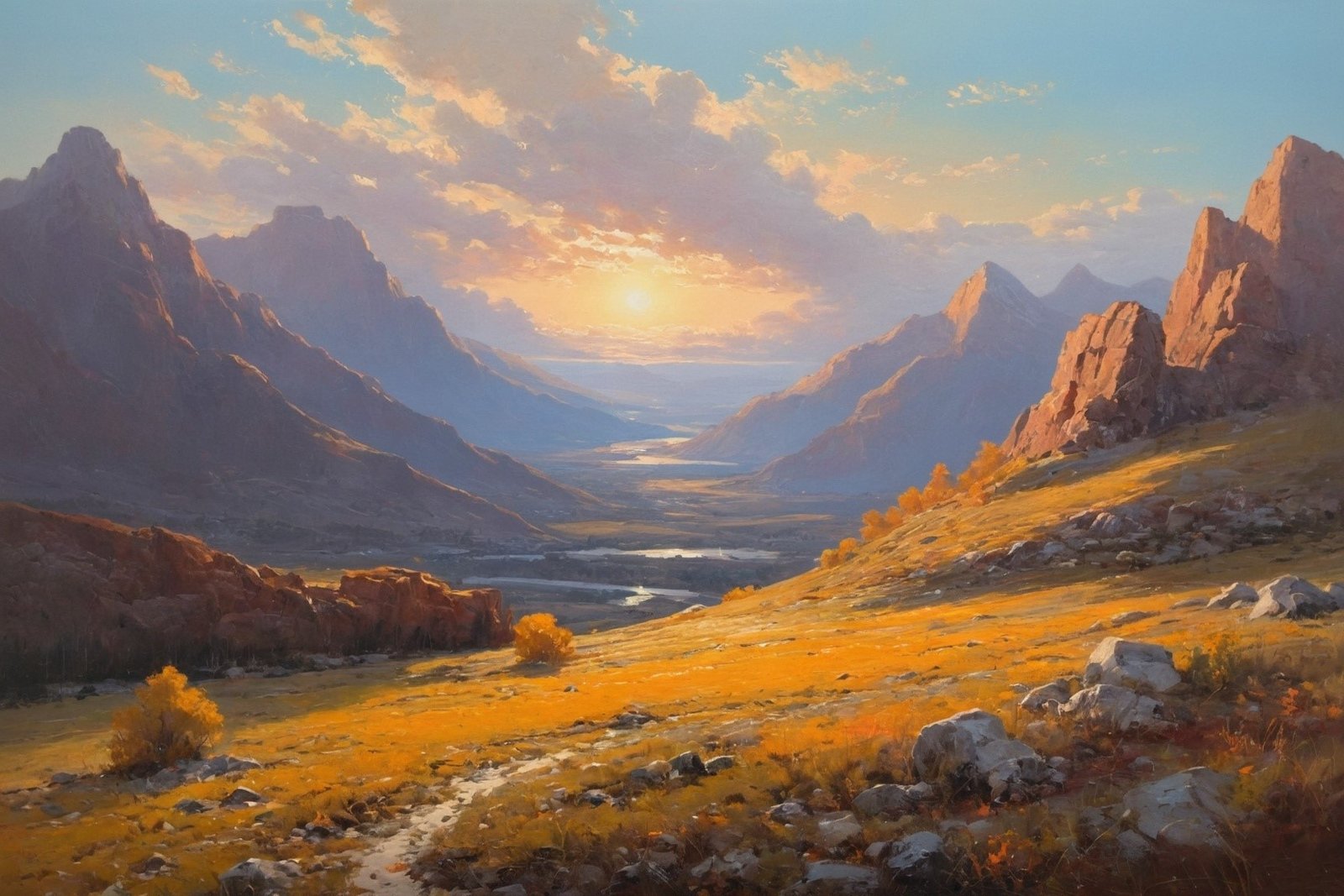 Mountain valley with golden grass and rocky cliffs surrounding winding river under orange sky