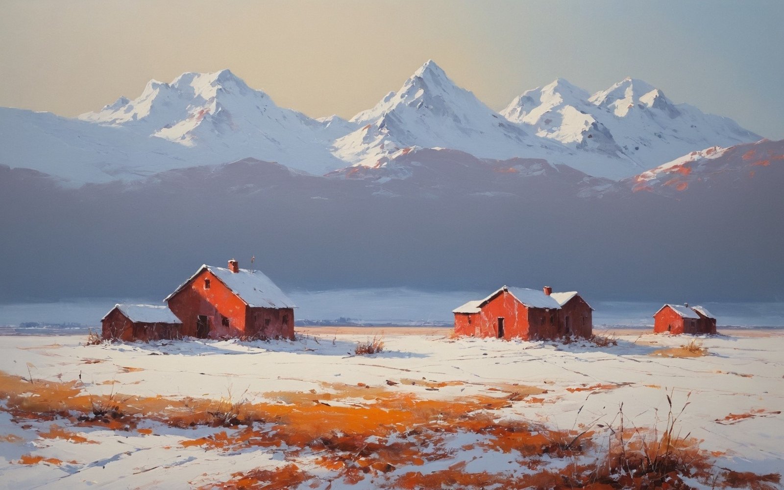 Red wooden barns in snowy field with purple mountains under blue sky
