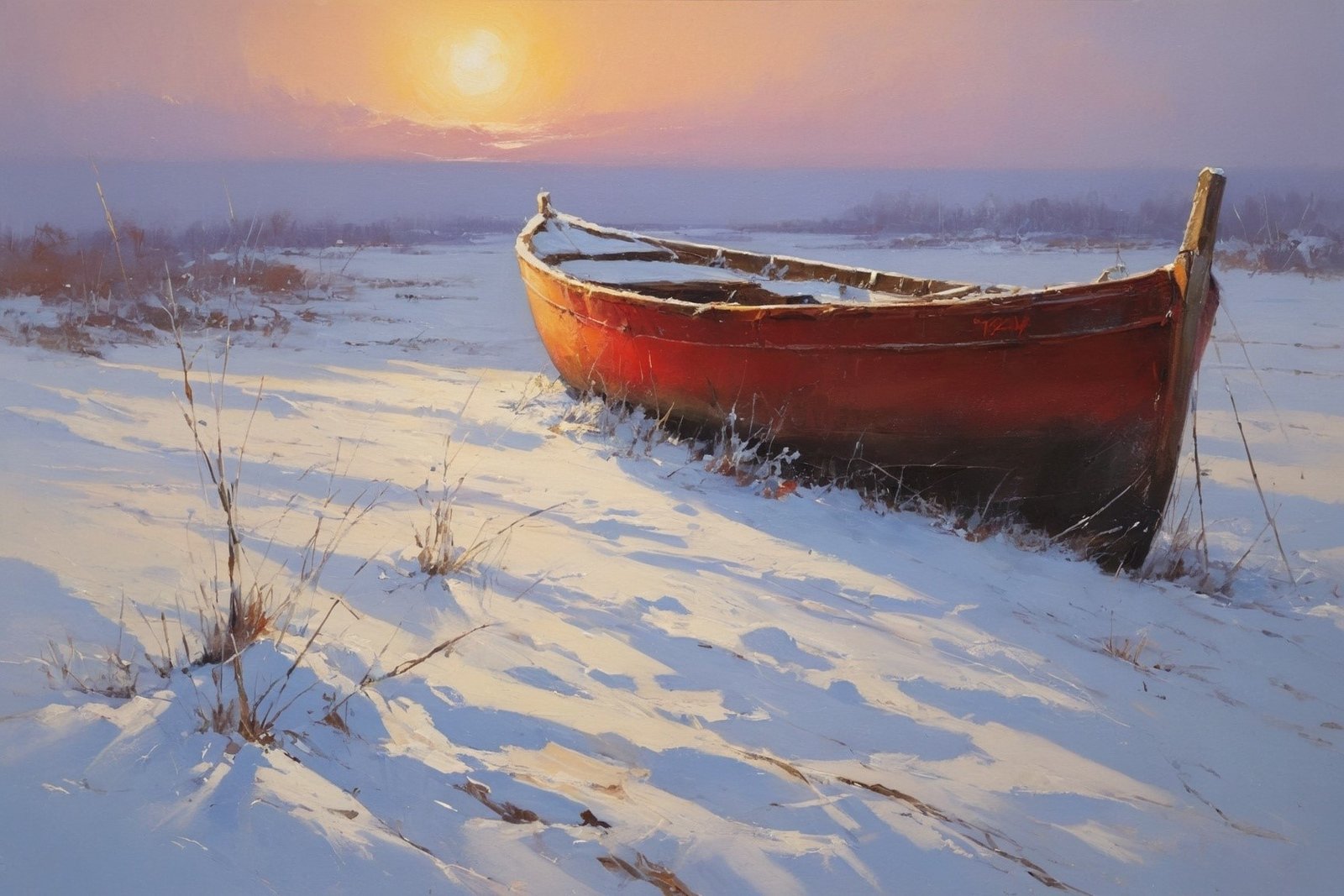 Red wooden boat on snowy ground with orange sun in purple sky and distant trees