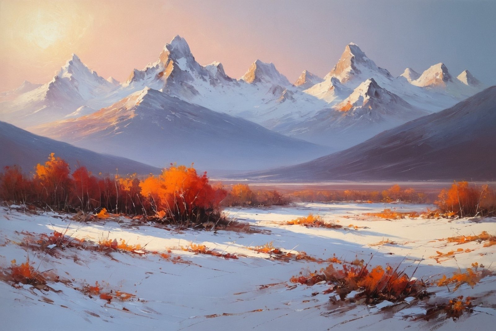 Snow-covered sharp mountains with orange bushes on white ground under pink sky