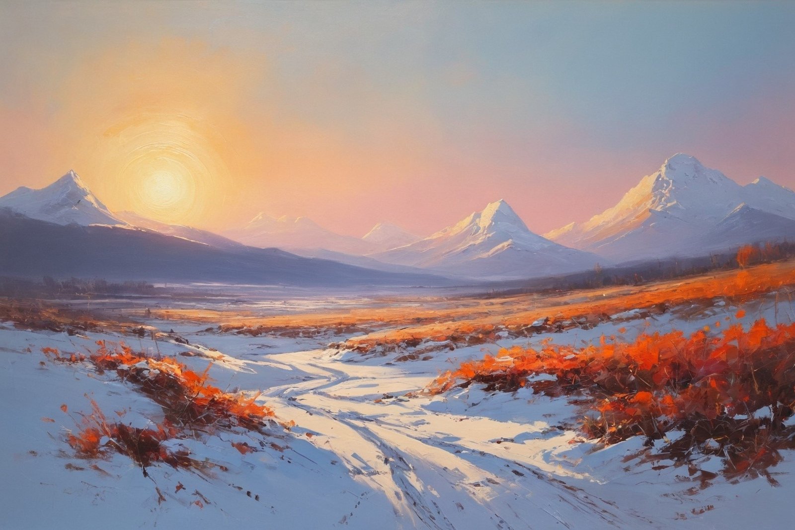 Snowy path through orange bushes on white ground with purple mountains under pink sky