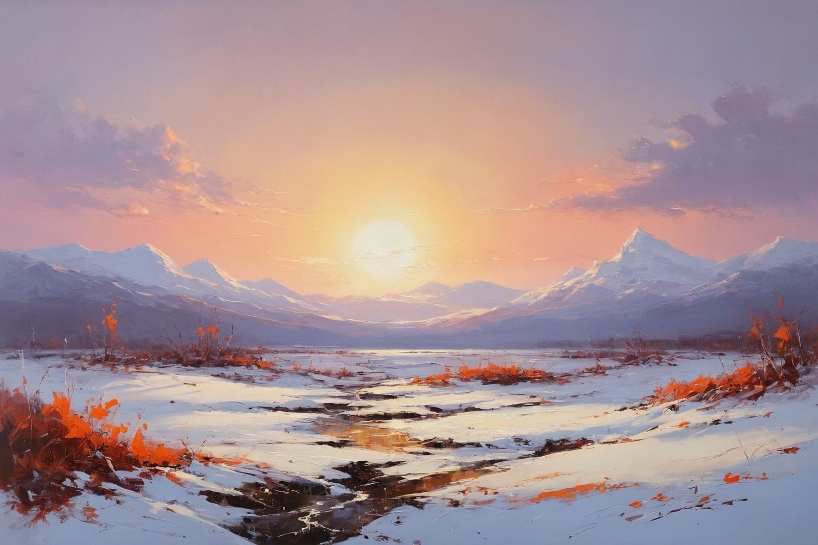 Snowy stream through orange bushes on white ground with purple mountains under pink sky
