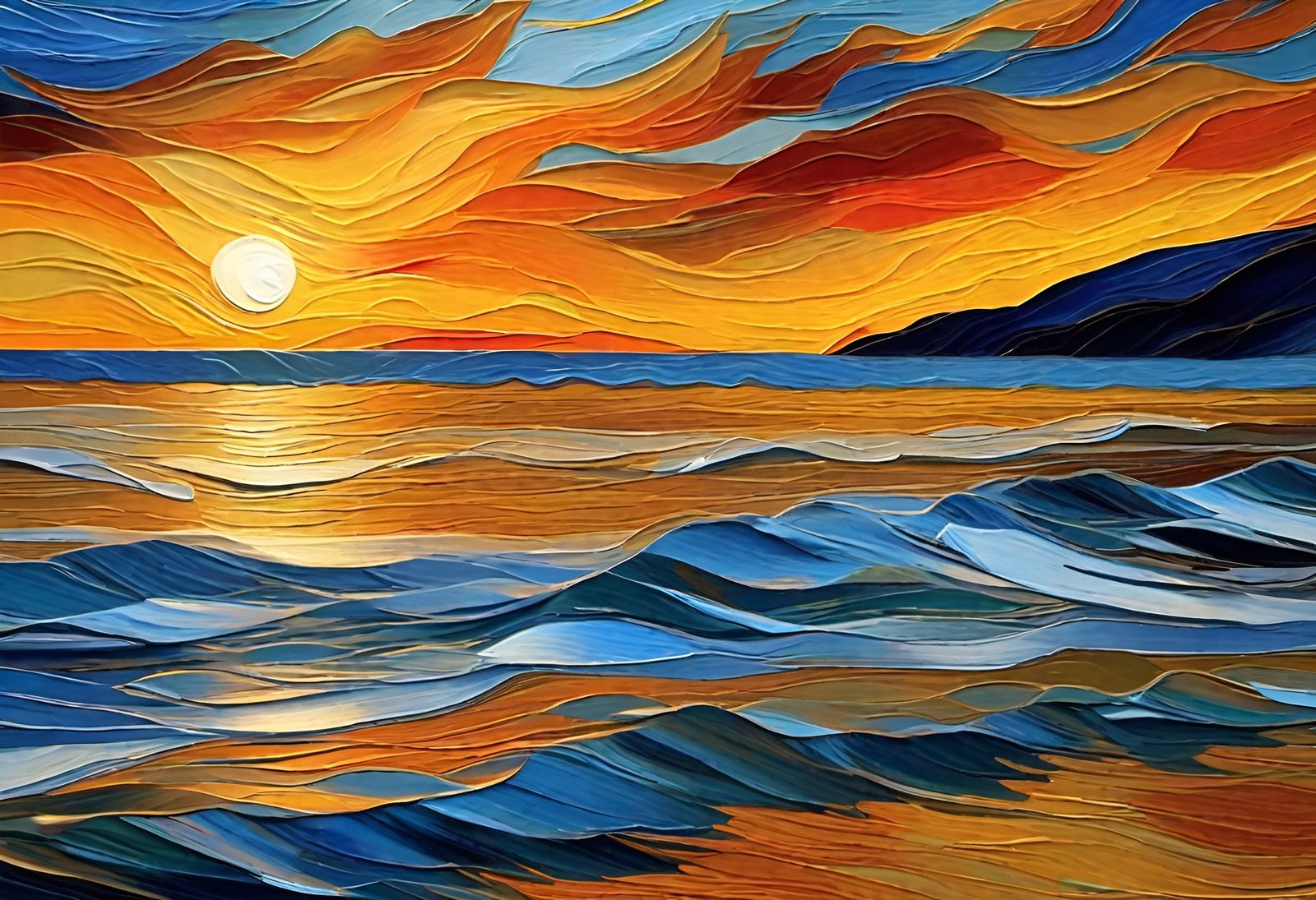 Oil painting of sunset over ocean with wavy clouds and blue waves