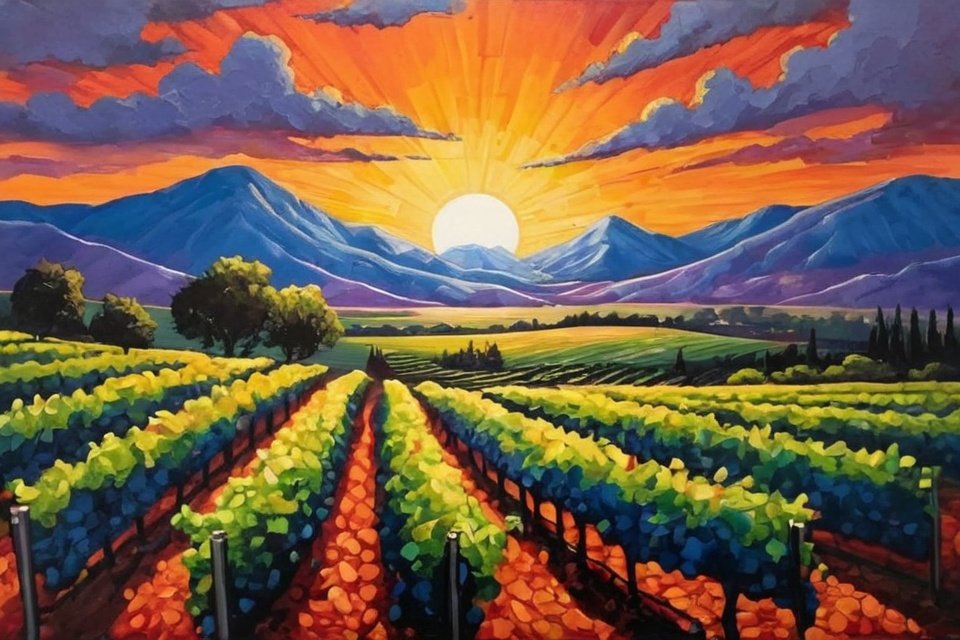 Vibrant sunset over purple mountains with rows of green and blue grapevines in foreground valley