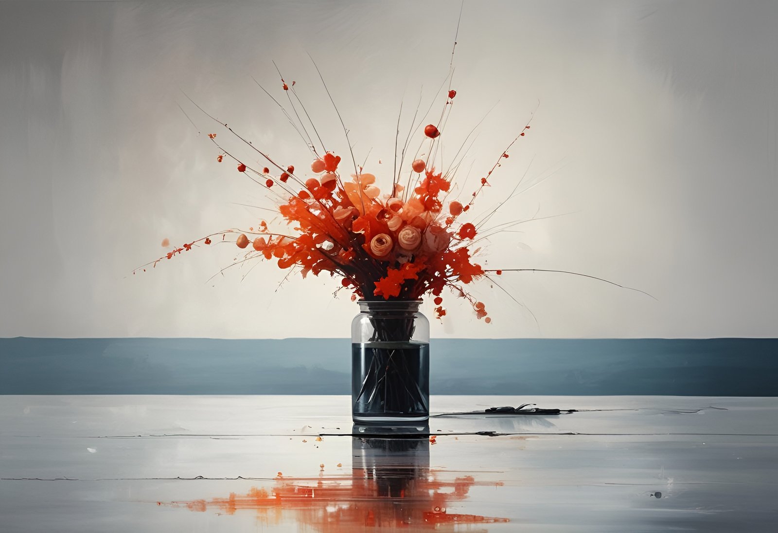 Bouquet of orange flowers in glass vase on table with reflection against gray background