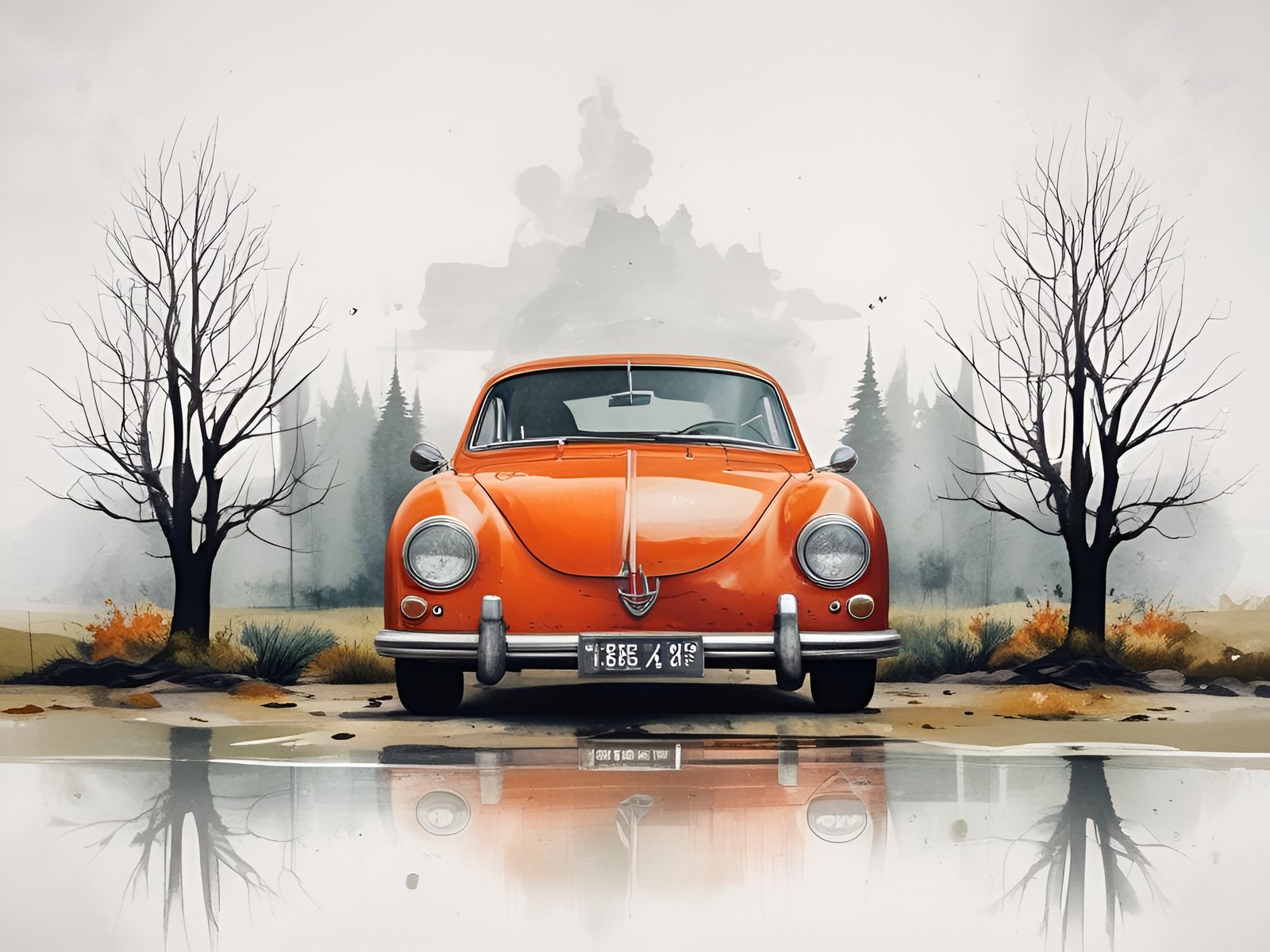 Orange vintage car between bare trees in misty background with ground reflection