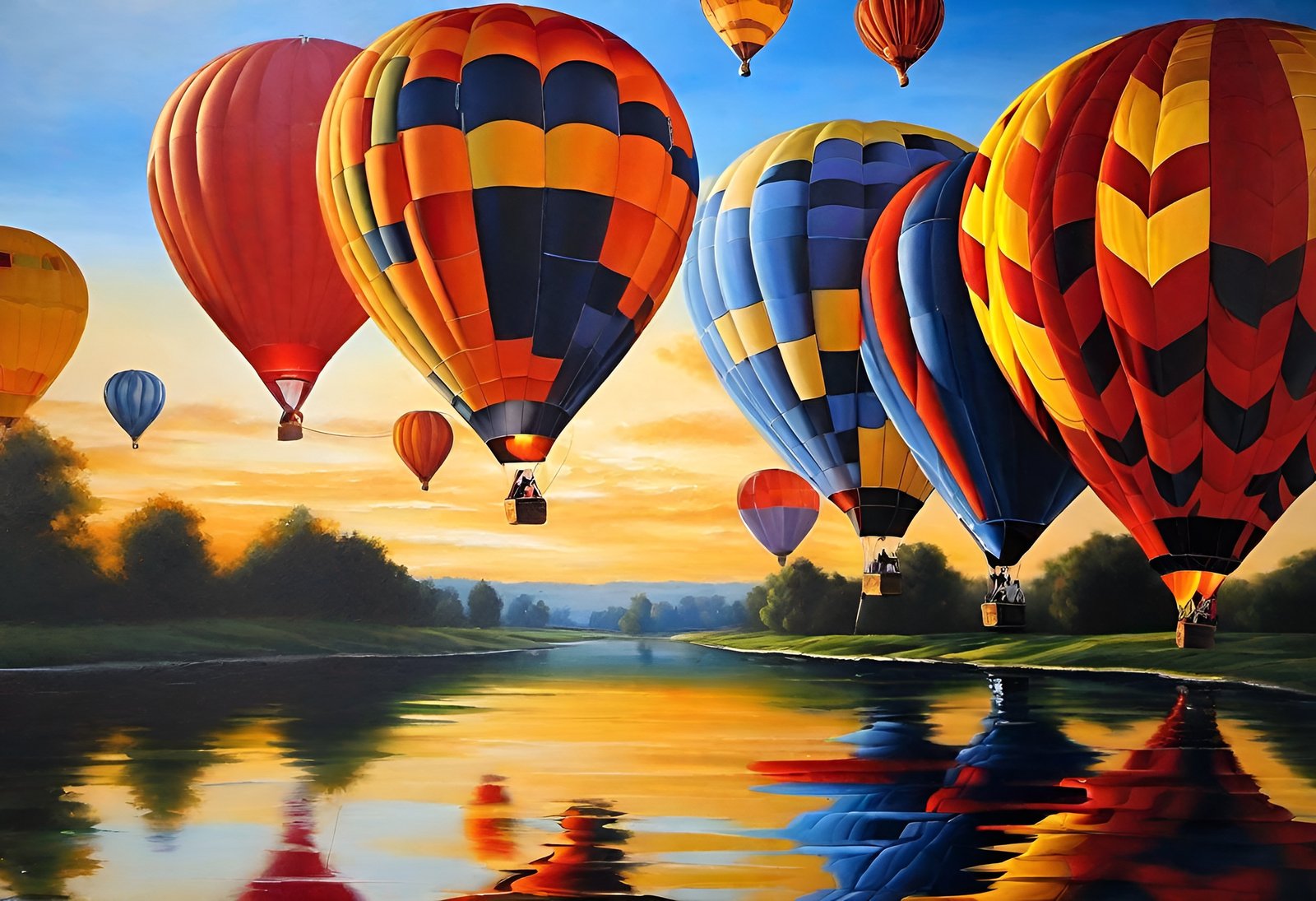 Painting of colorful hot air balloons over river at sunset with reflections