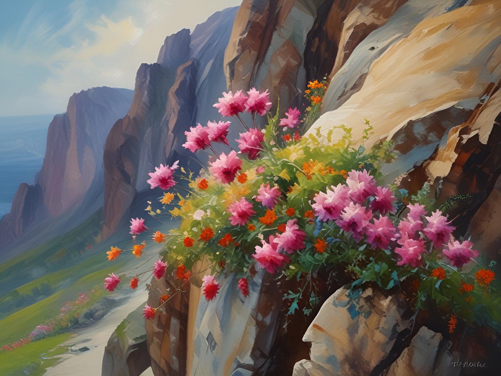 Pink and orange flowers growing on rocky cliff with mountains and sea in background