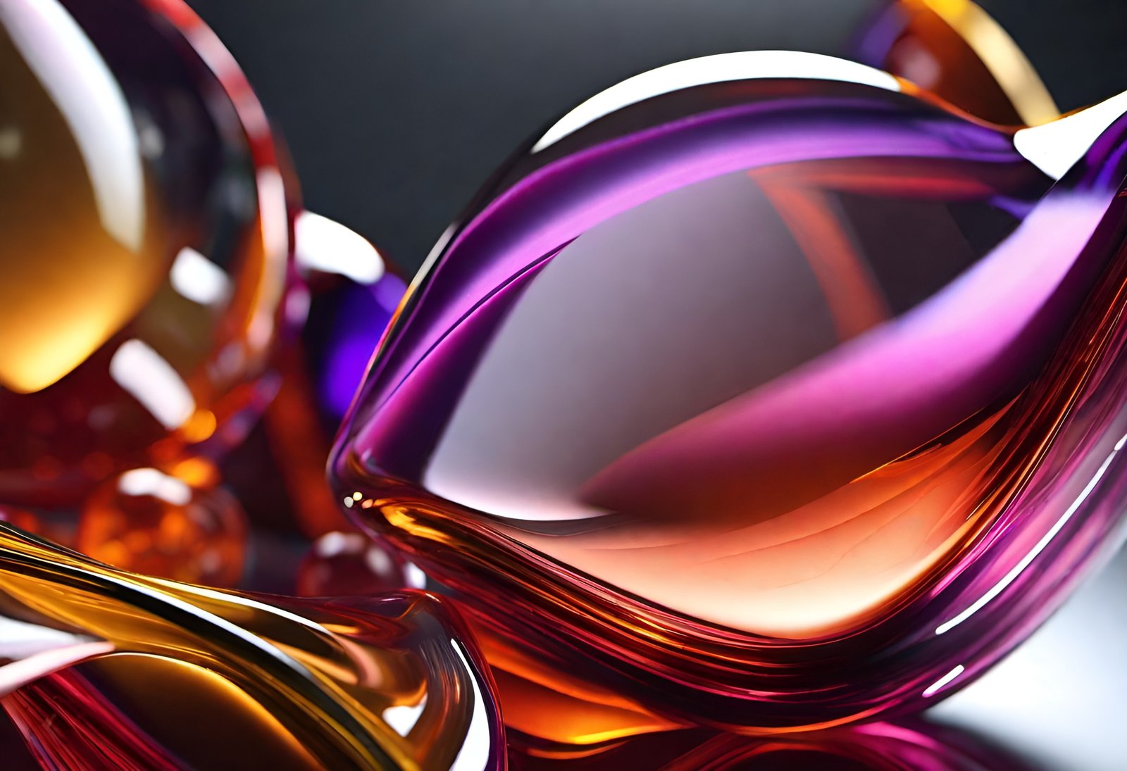 Abstract 3D glass forms in purple and orange with shiny reflections and curves
