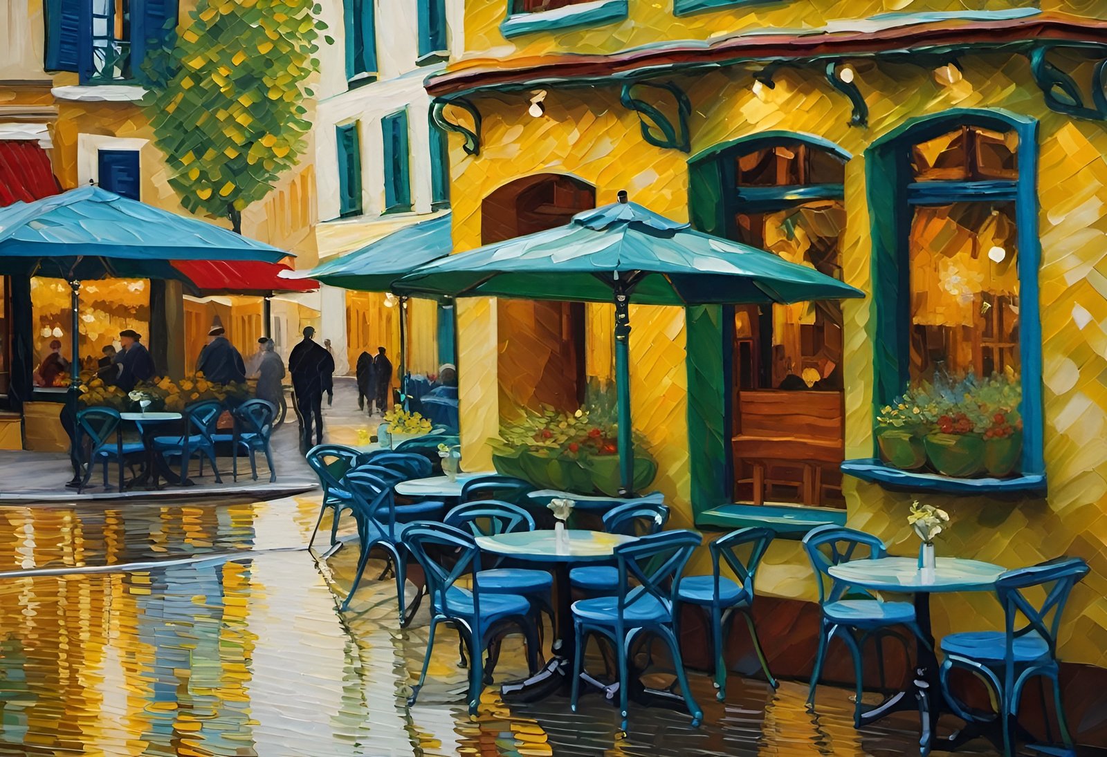 Impressionist painting of rainy European street cafe with yellow building and blue umbrellas