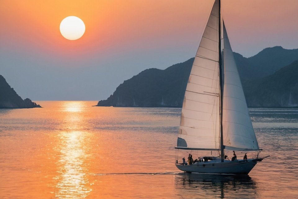 Artistic sailboat with white sails gliding across calm sea during orange sunset with mountain silhouettes