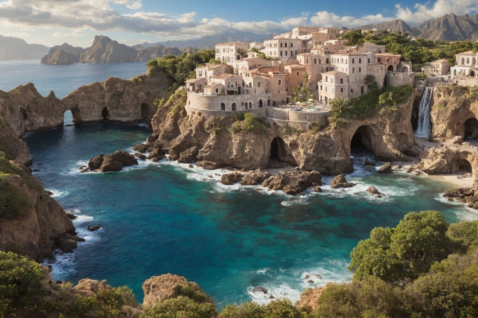 Cliffside village with white buildings and waterfall over rock arches into blue sea