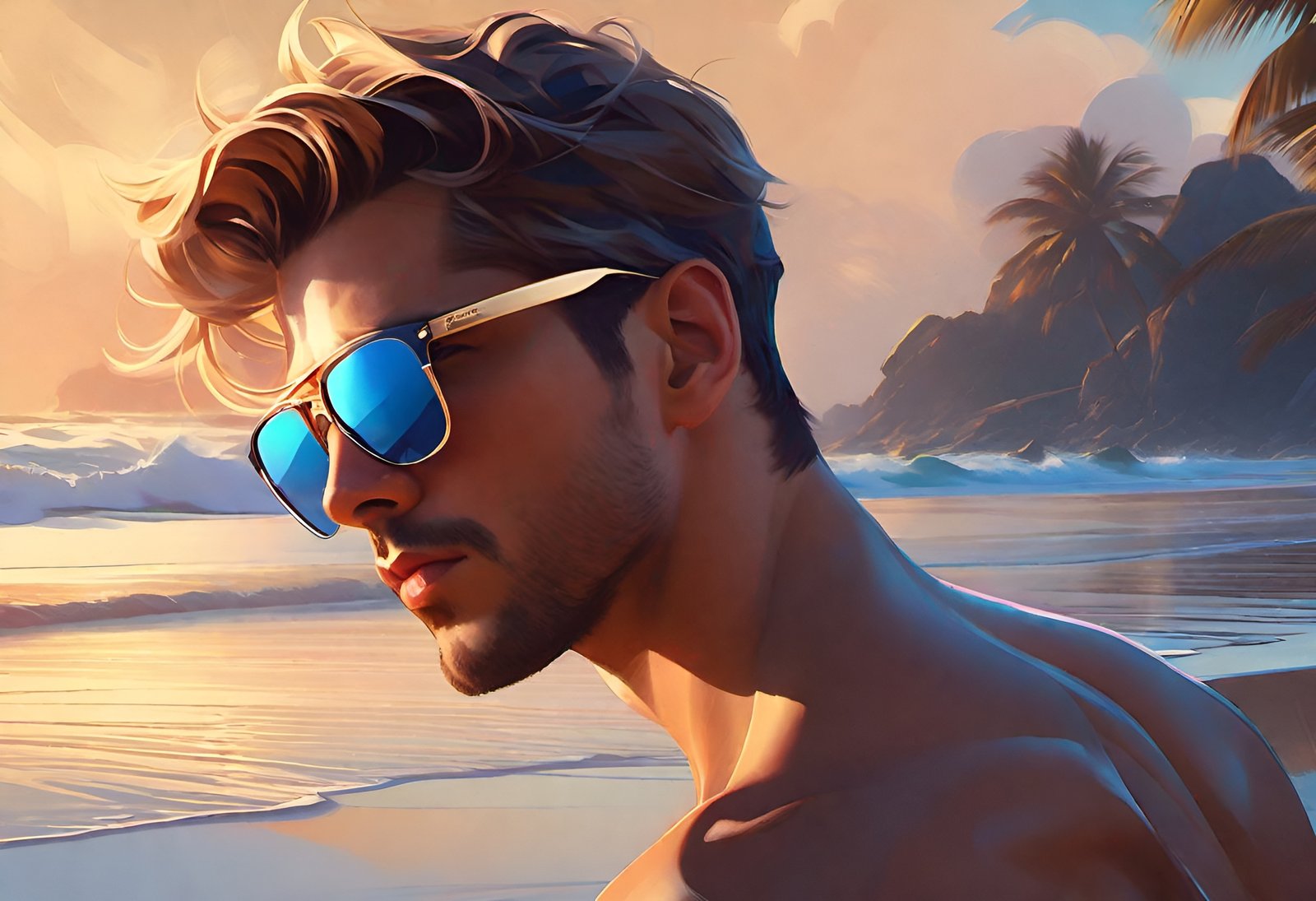 Digital illustration of shirtless man with sunglasses on tropical beach at sunset with palm trees