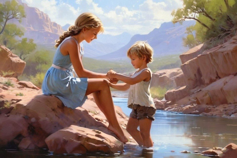 Artistic desert river scene with older sister in blue dress helping younger brother on red rocks
