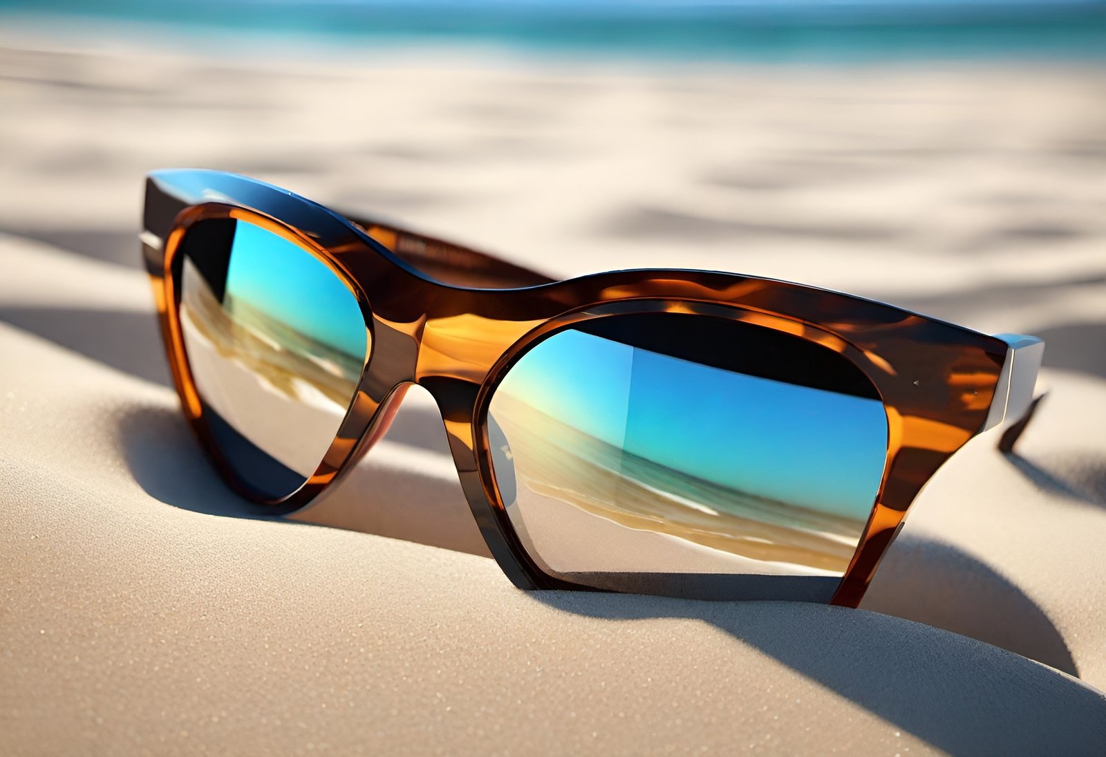Creative photograph of tortoiseshell sunglasses on sandy beach reflecting ocean and sky