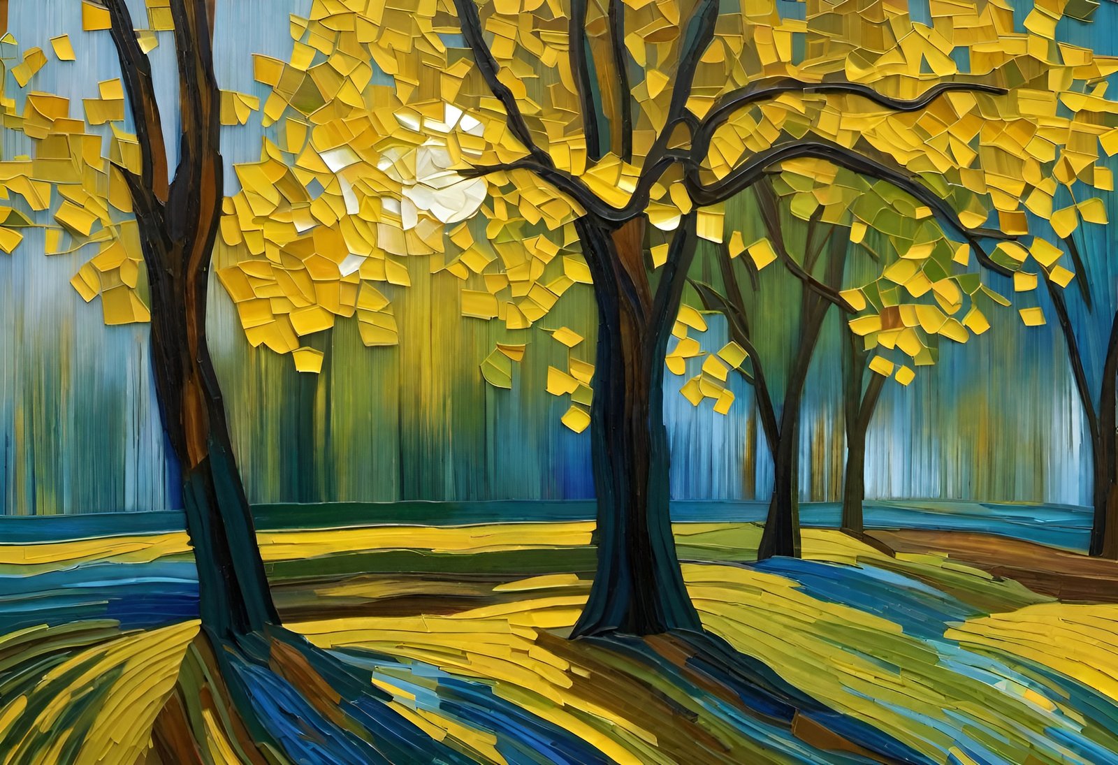 A Van Gogh style painting of yellow autumn trees with sun behind a blue sky