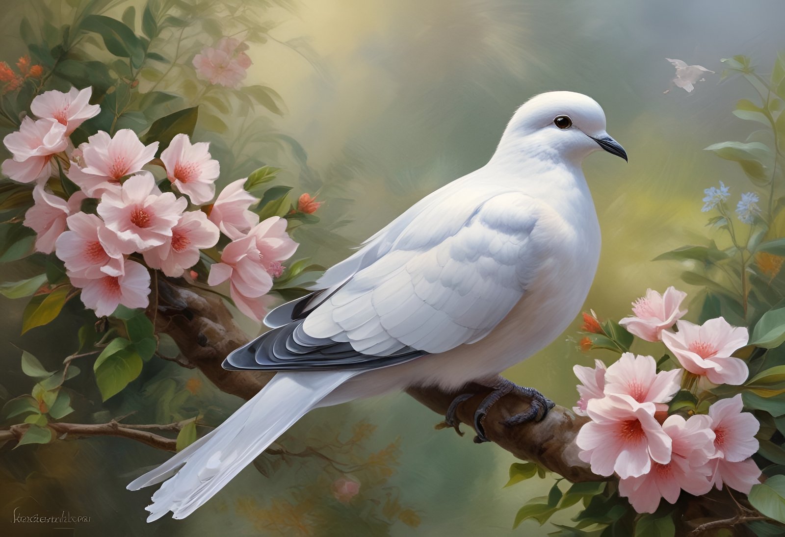 White bird perched on branch with pink flowers and green leaves