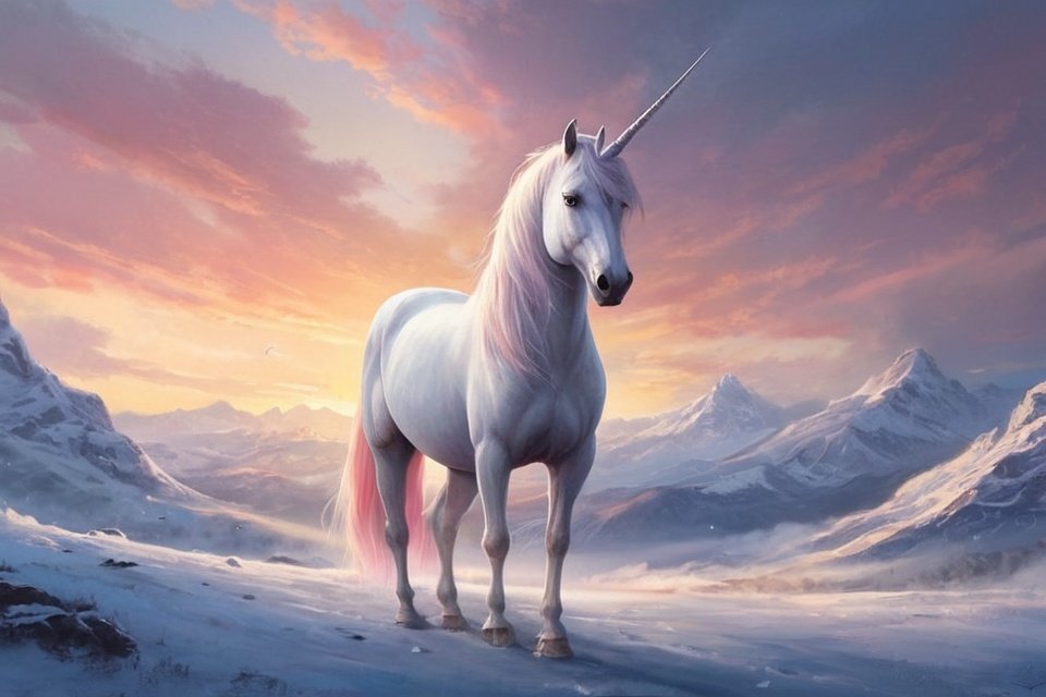 Artistic white unicorn with spiral horn standing on snowy ridge against vibrant sunset mountains