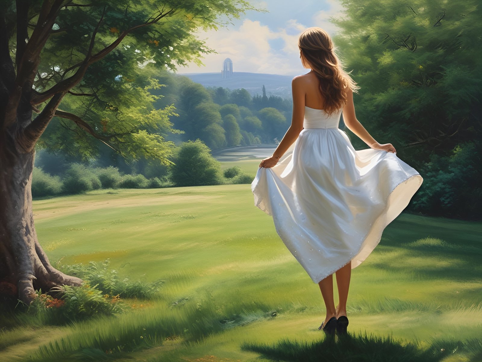 Woman in white dress standing in green field near tree with distant arch structure