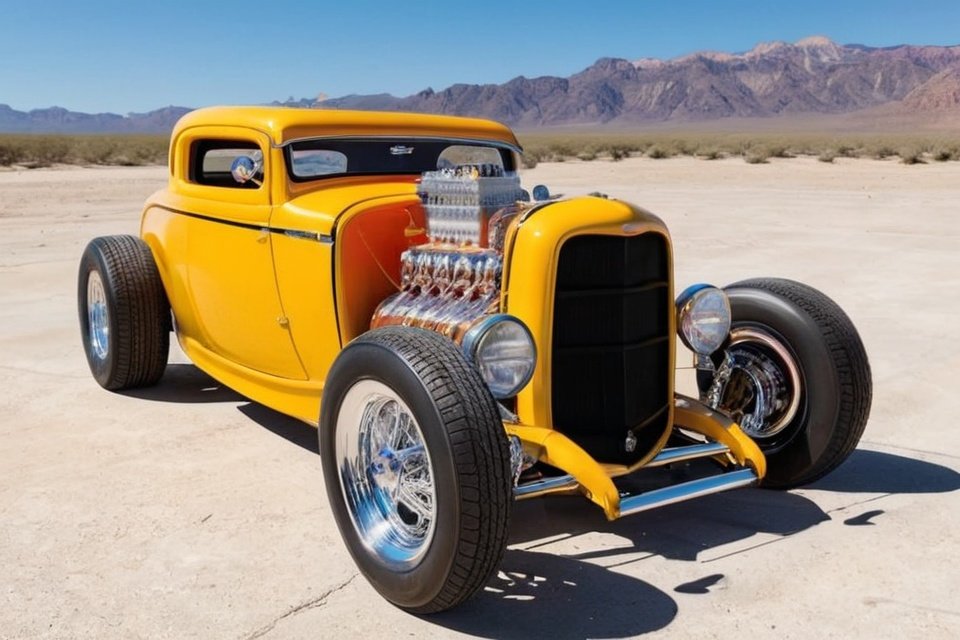 Artistic bright yellow hot rod with exposed supercharged engine on vast desert salt flats