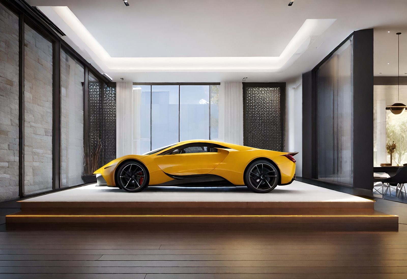 Modern art image of yellow supercar displayed in luxury interior