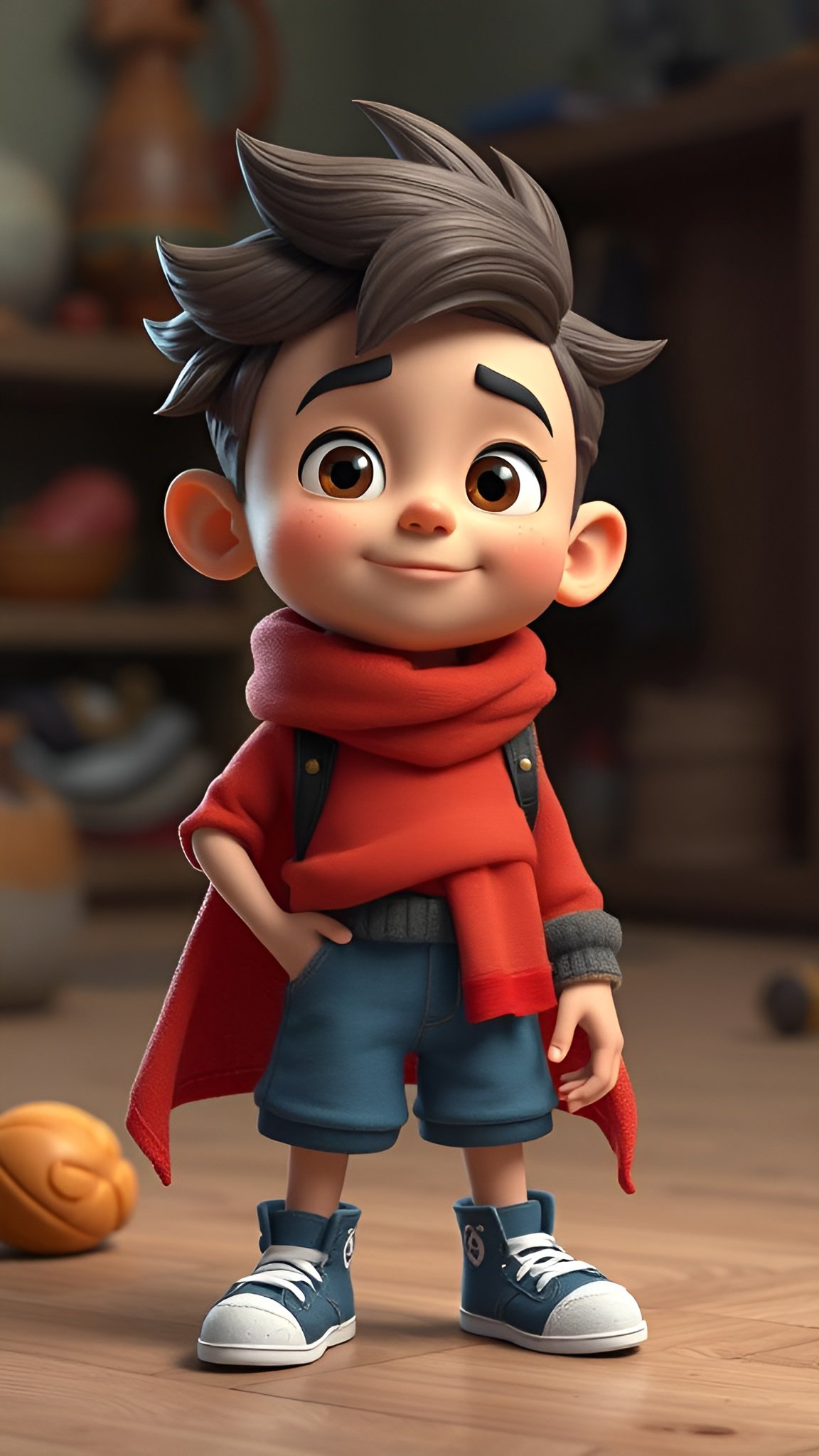 Animated young boy with spiky hair red cape blue shorts and sneakers standing confidently in room