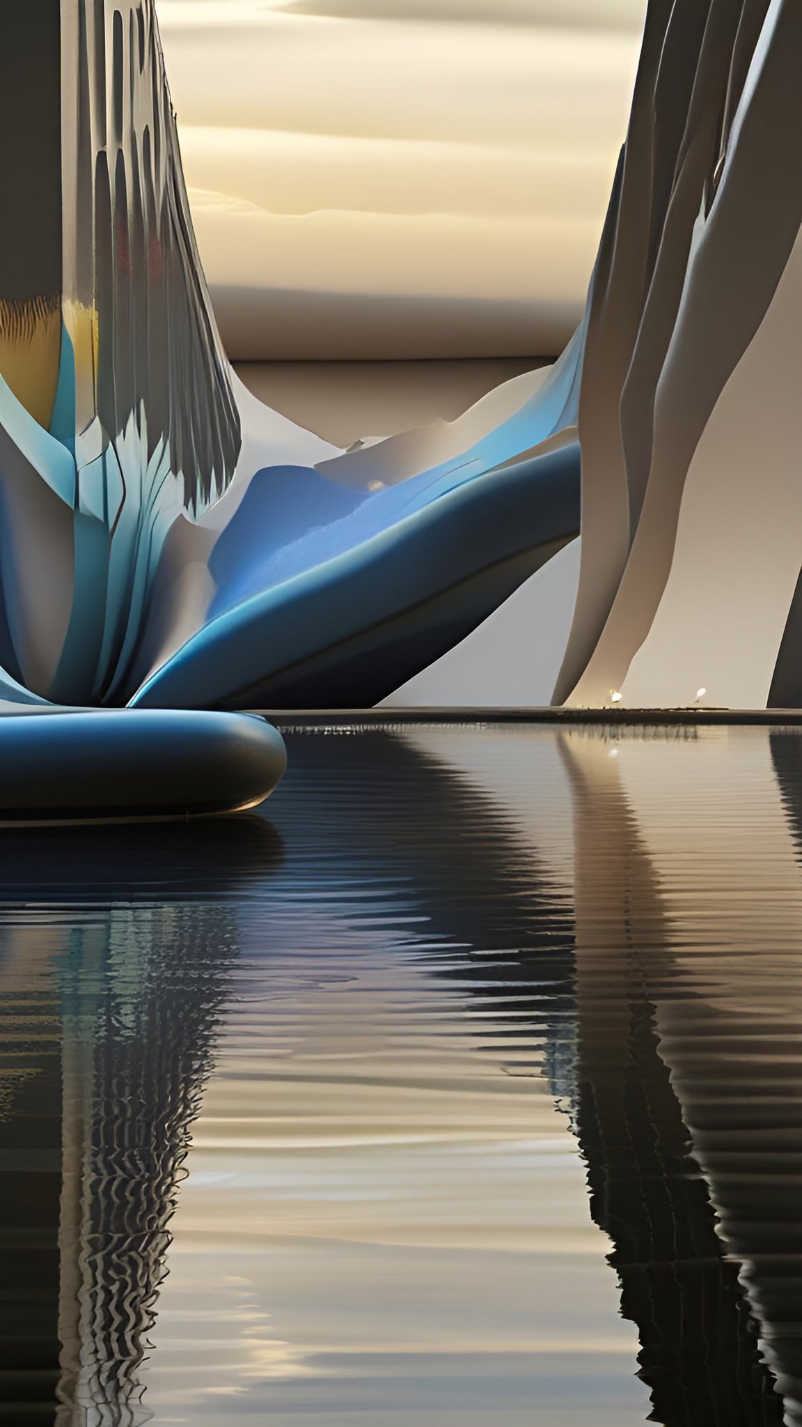 Abstract art with blue glass forms and a water mirror