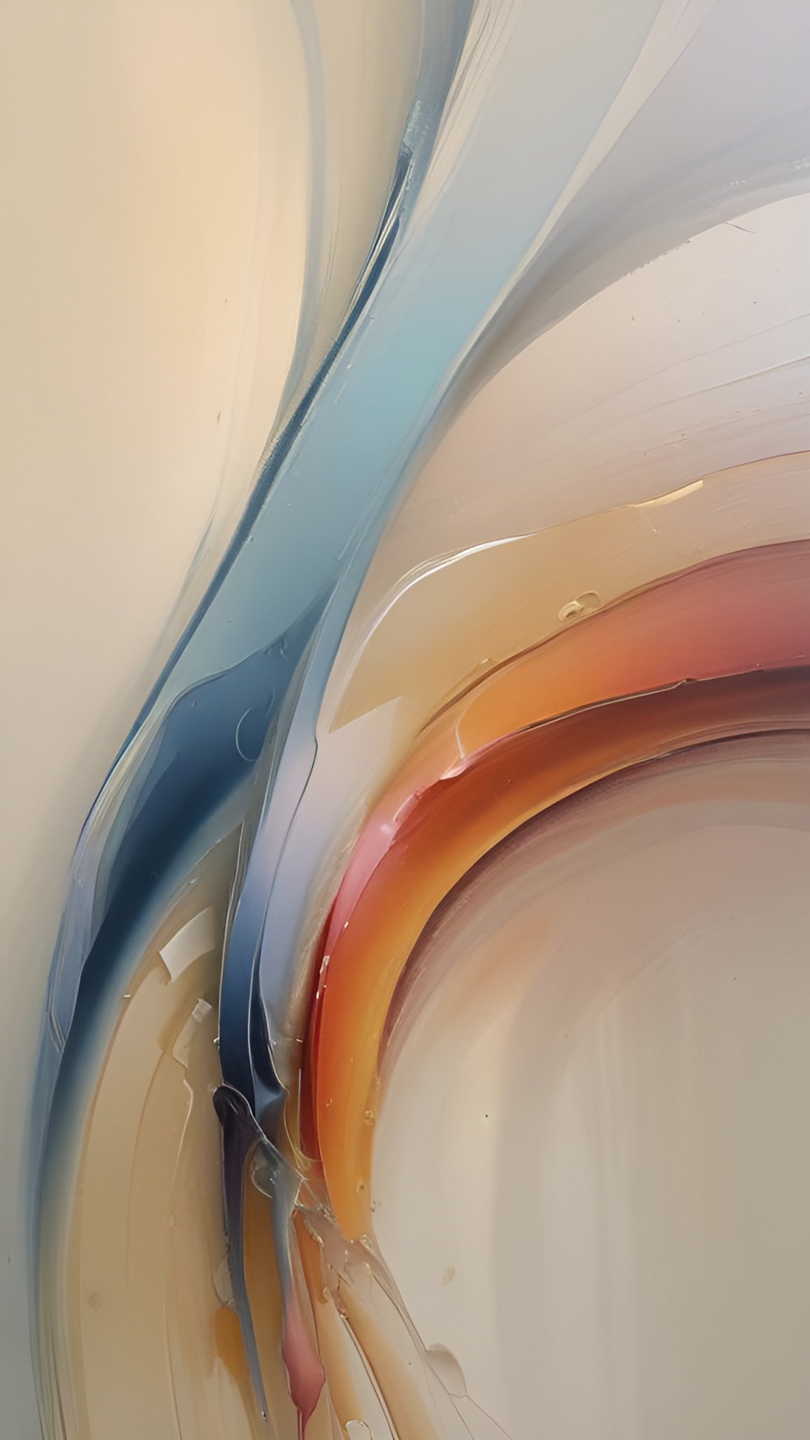 Abstract art with blue and orange swirl paint in glossy curves