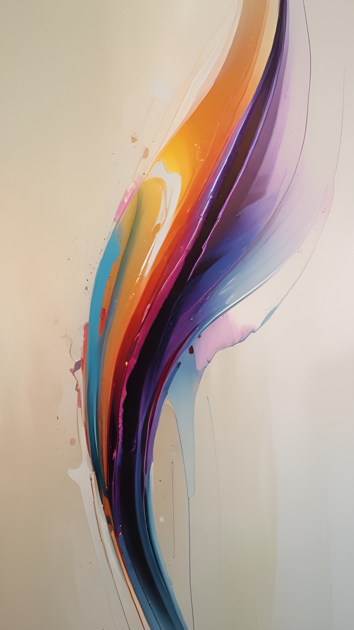 Abstract art with a colorful paint splash in orange, purple, and blue wave shapes