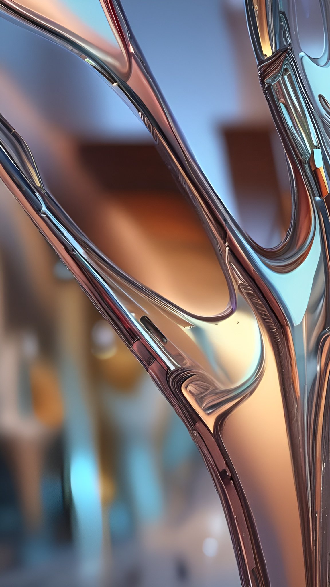 Abstract art of flowing liquid glass sculpture with shiny curved form and reflections