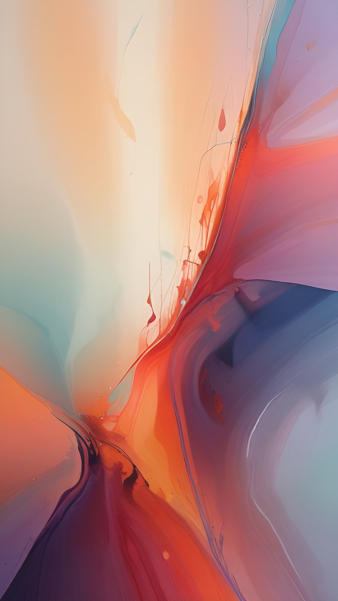 Abstract art with an orange and teal paint pour color wash