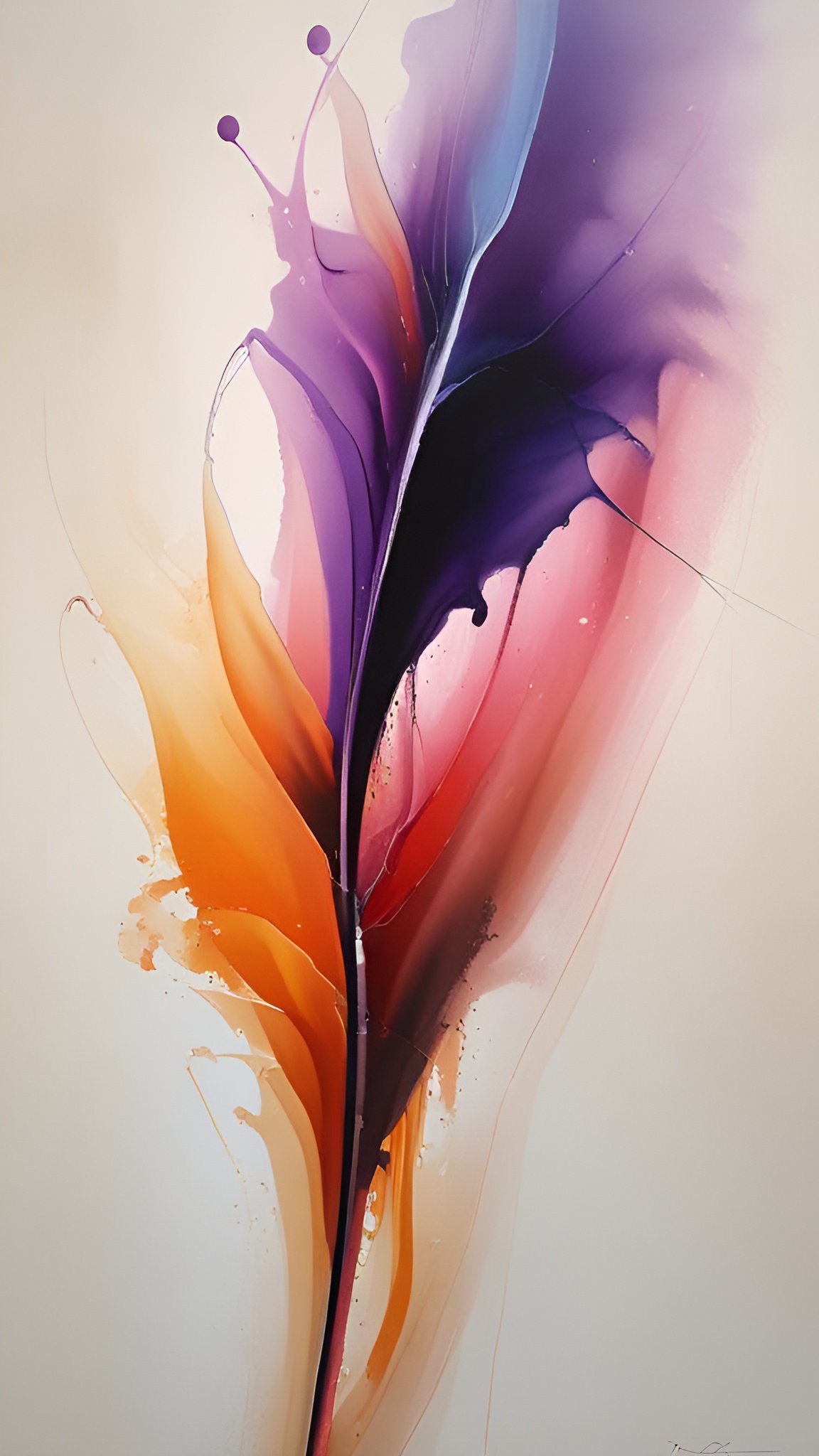 Abstract art with a purple and orange paint flower feather shape