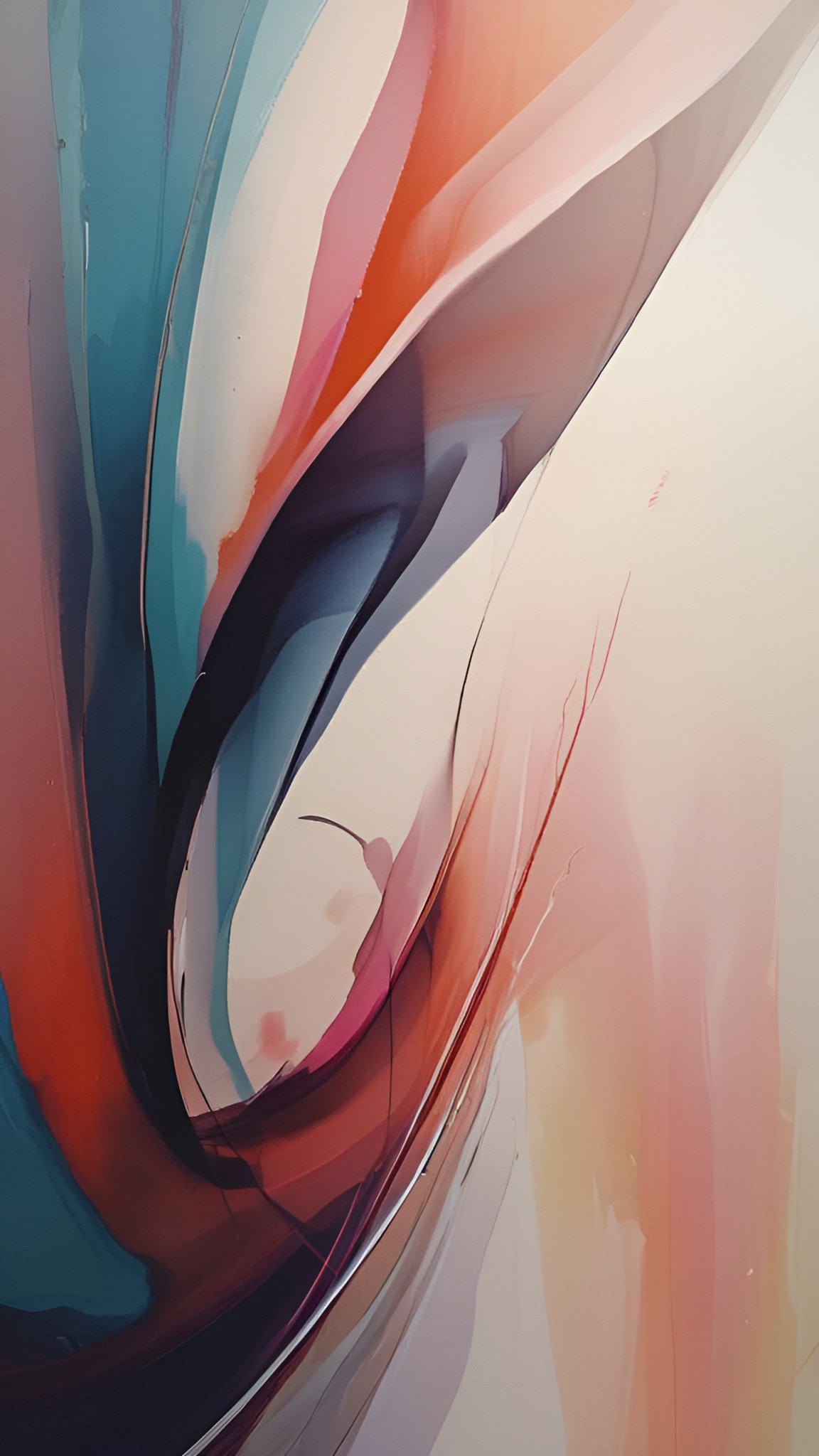Abstract art with a teal and coral paint swirl and a dark ribbon