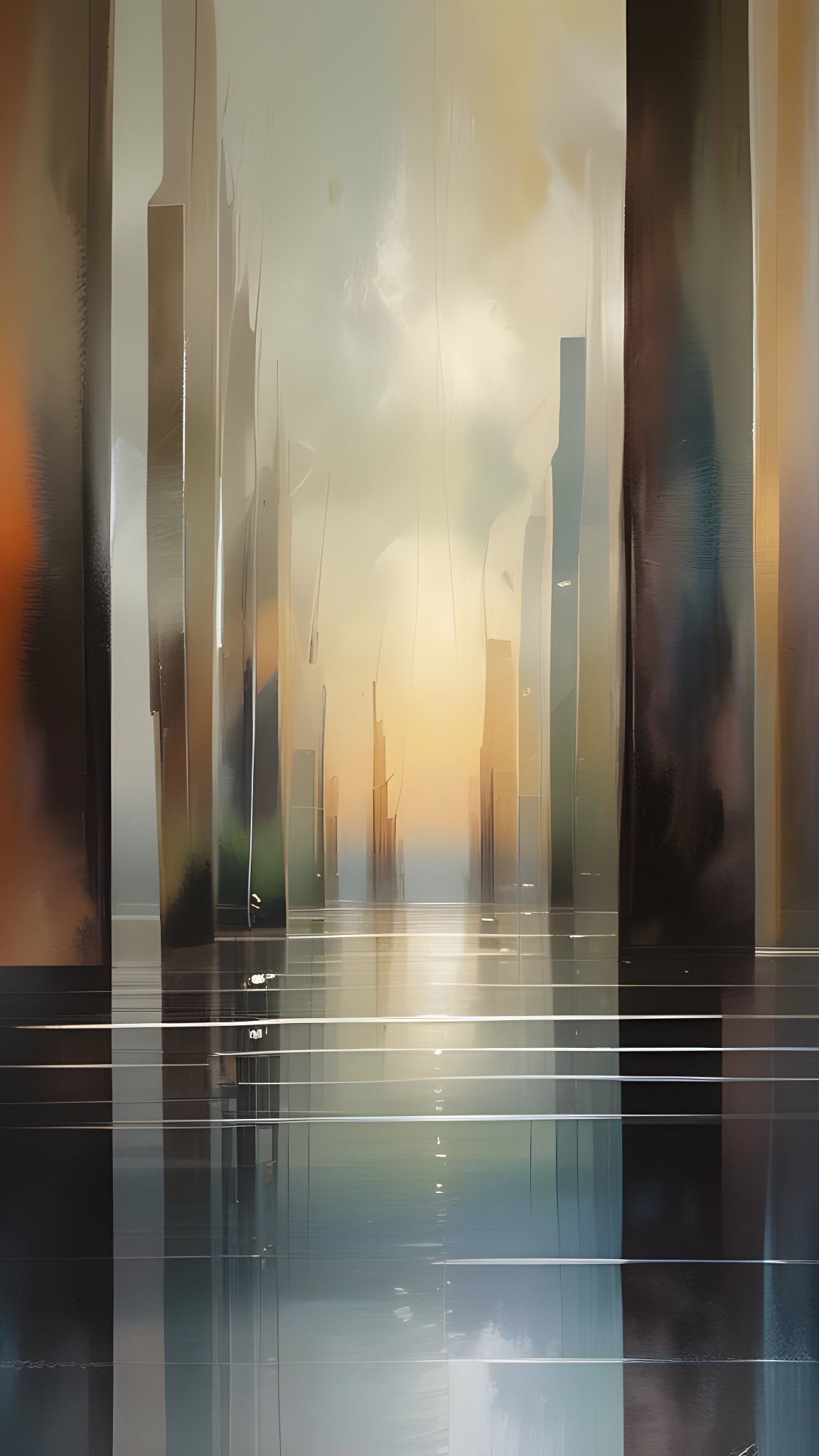 Abstract art city skyline reflected on a wet surface at sunset