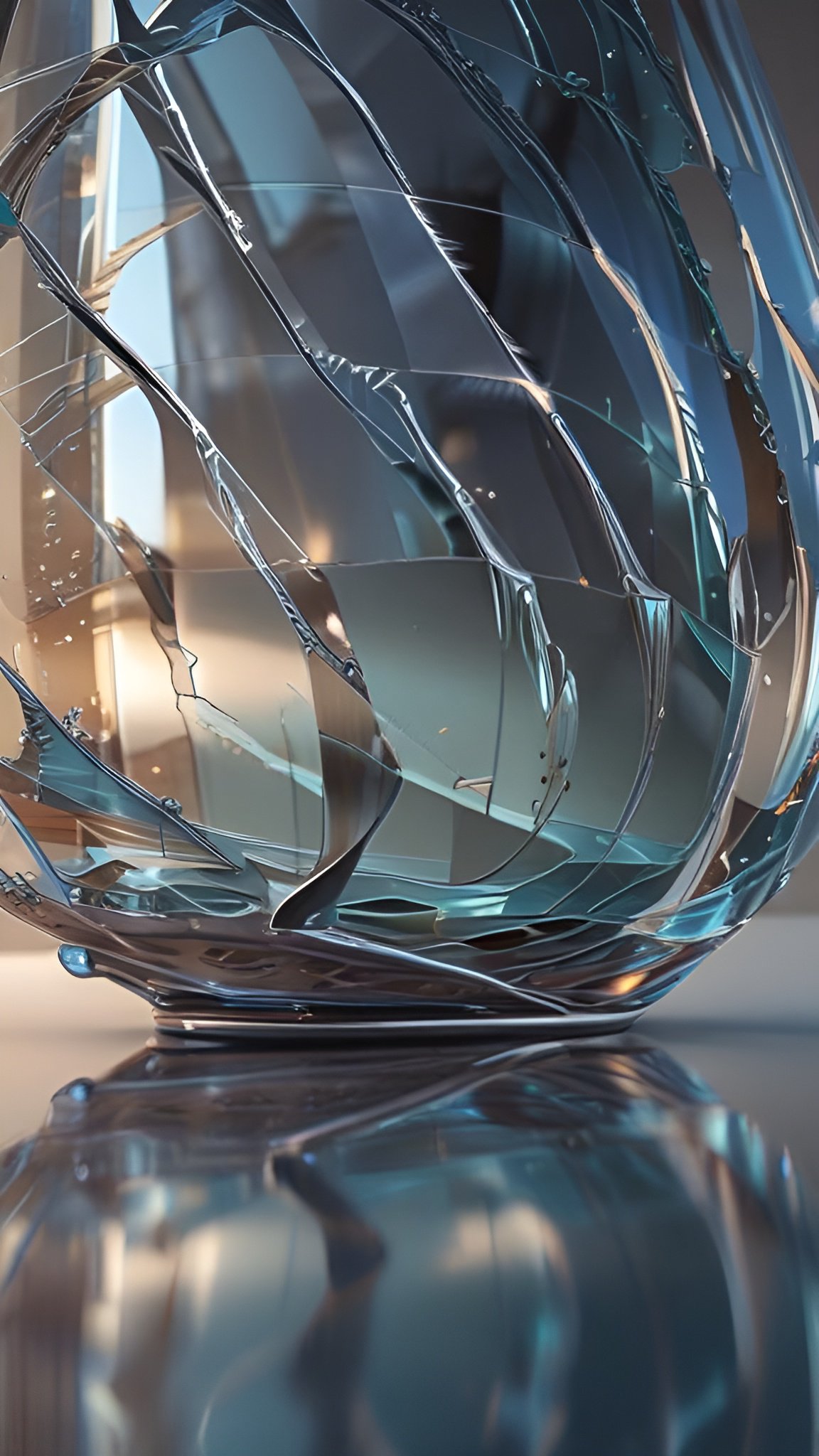 Abstract shattered glass or crystal sculpture in blue tones on reflective base