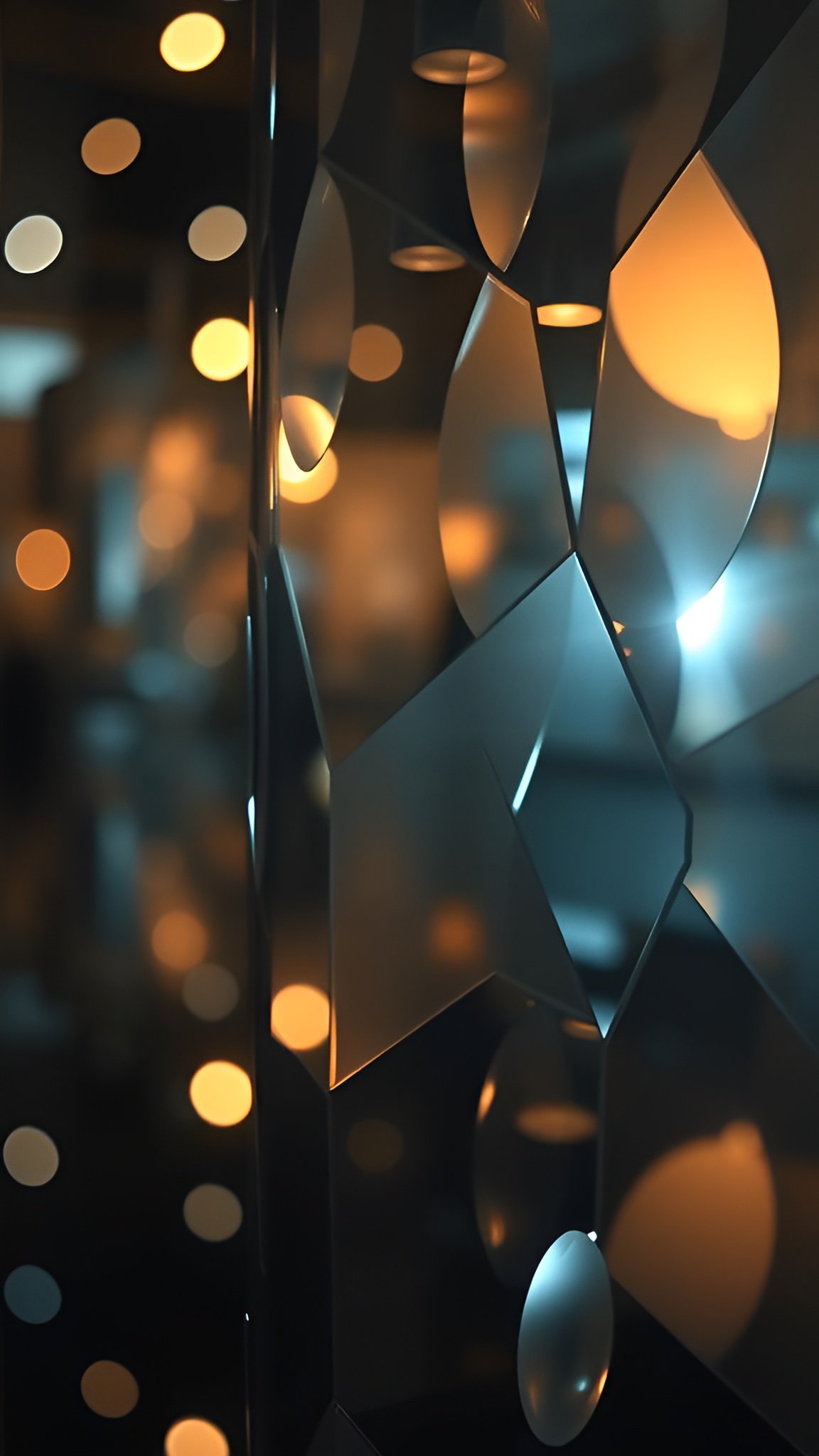 Abstract closeup of crystal shards with bokeh lights in blue and orange reflections
