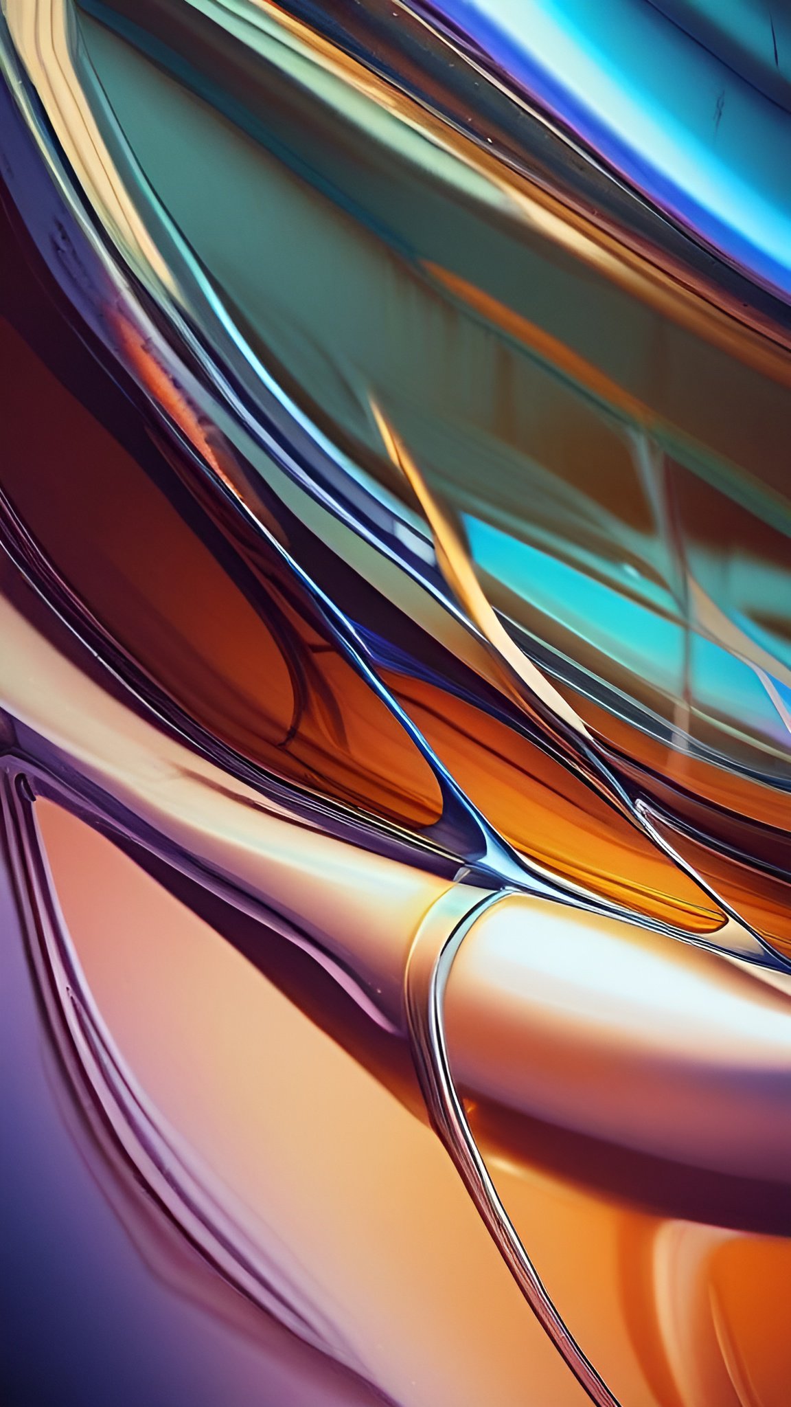 Abstract art of glossy iridescent fluid swirls in blue orange purple and brown tones