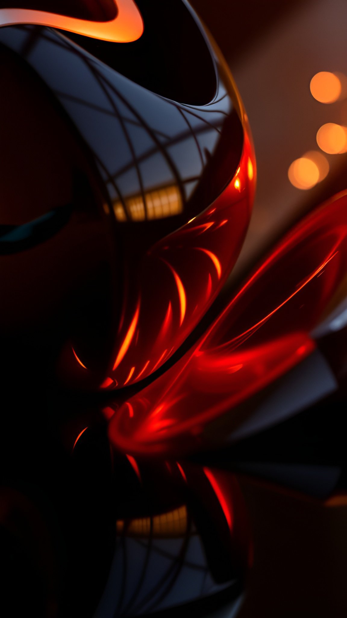 Abstract art closeup of glossy black curved sculpture with red reflections and glowing orange highlights