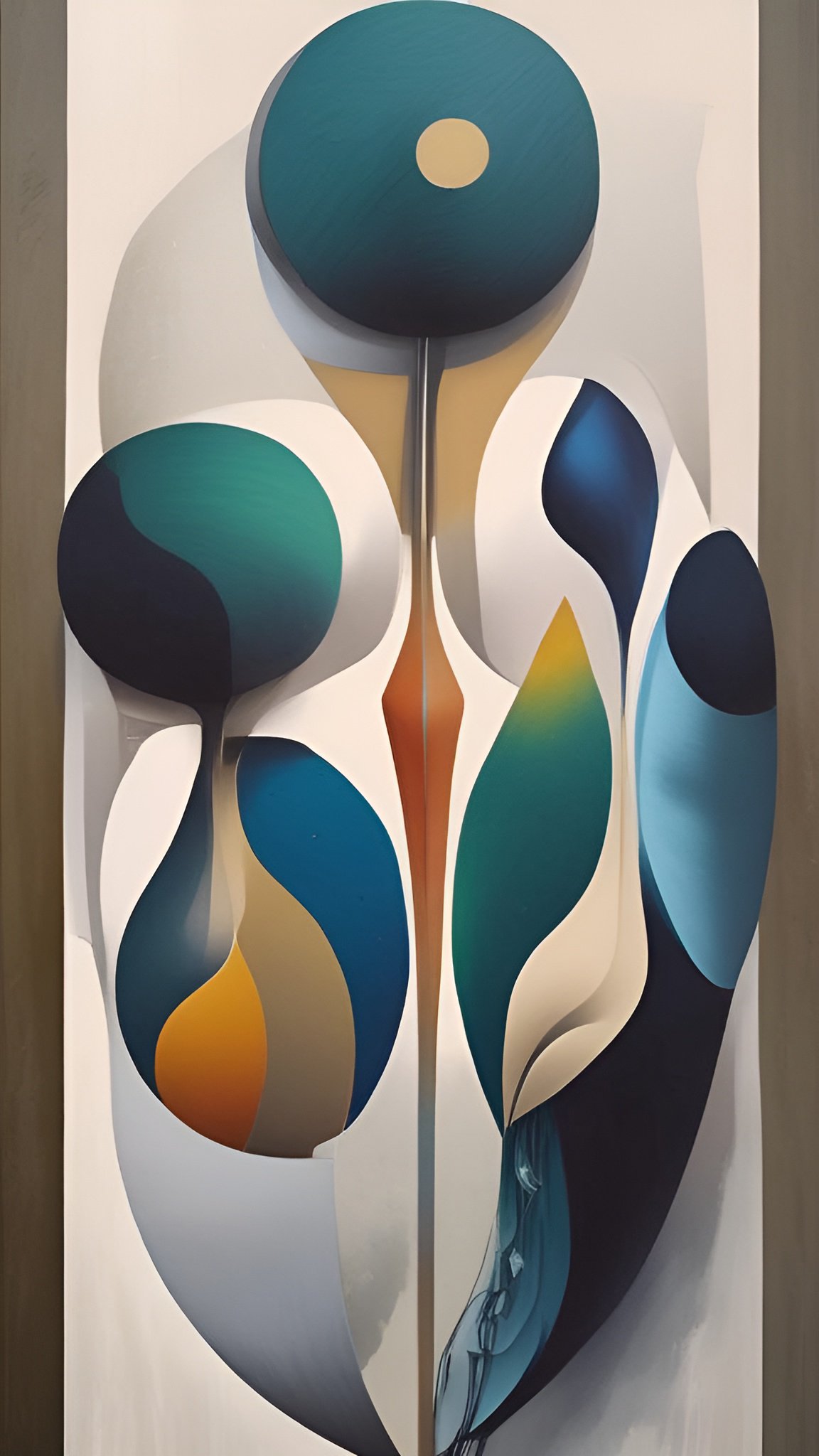 Abstract composition with colorful curved shapes in blue green and orange resembling plant forms