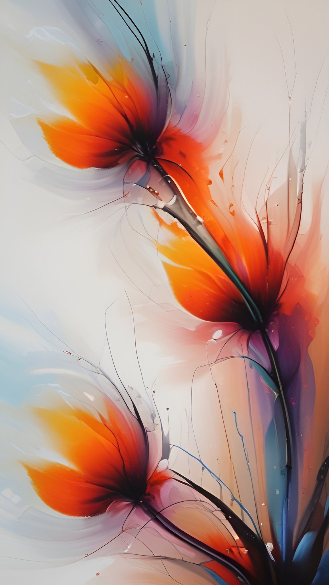 Abstract art with vibrant orange red and blue flower like forms