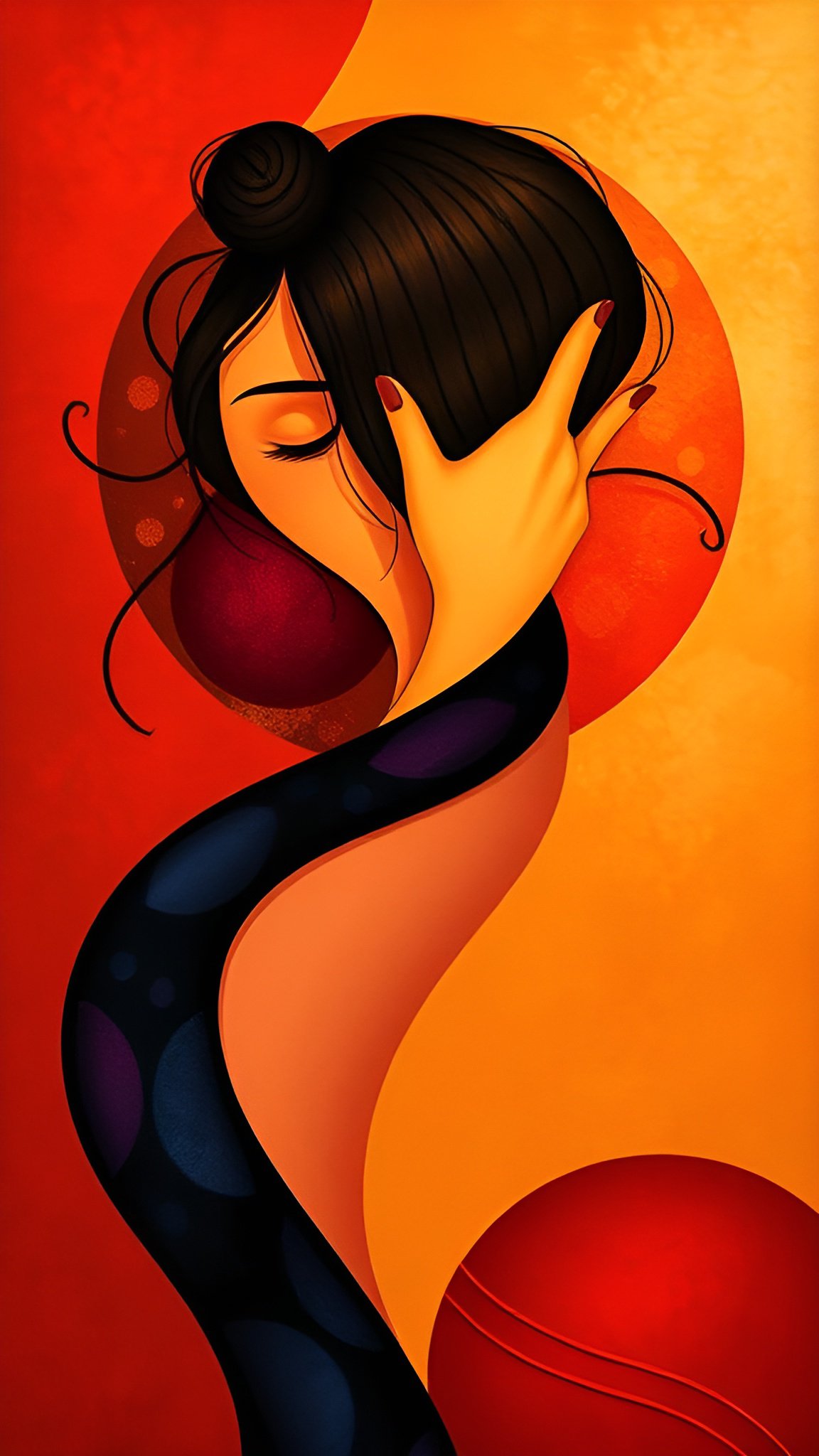 Abstract illustration of woman with hand on forehead against red and orange background with curved body forms
