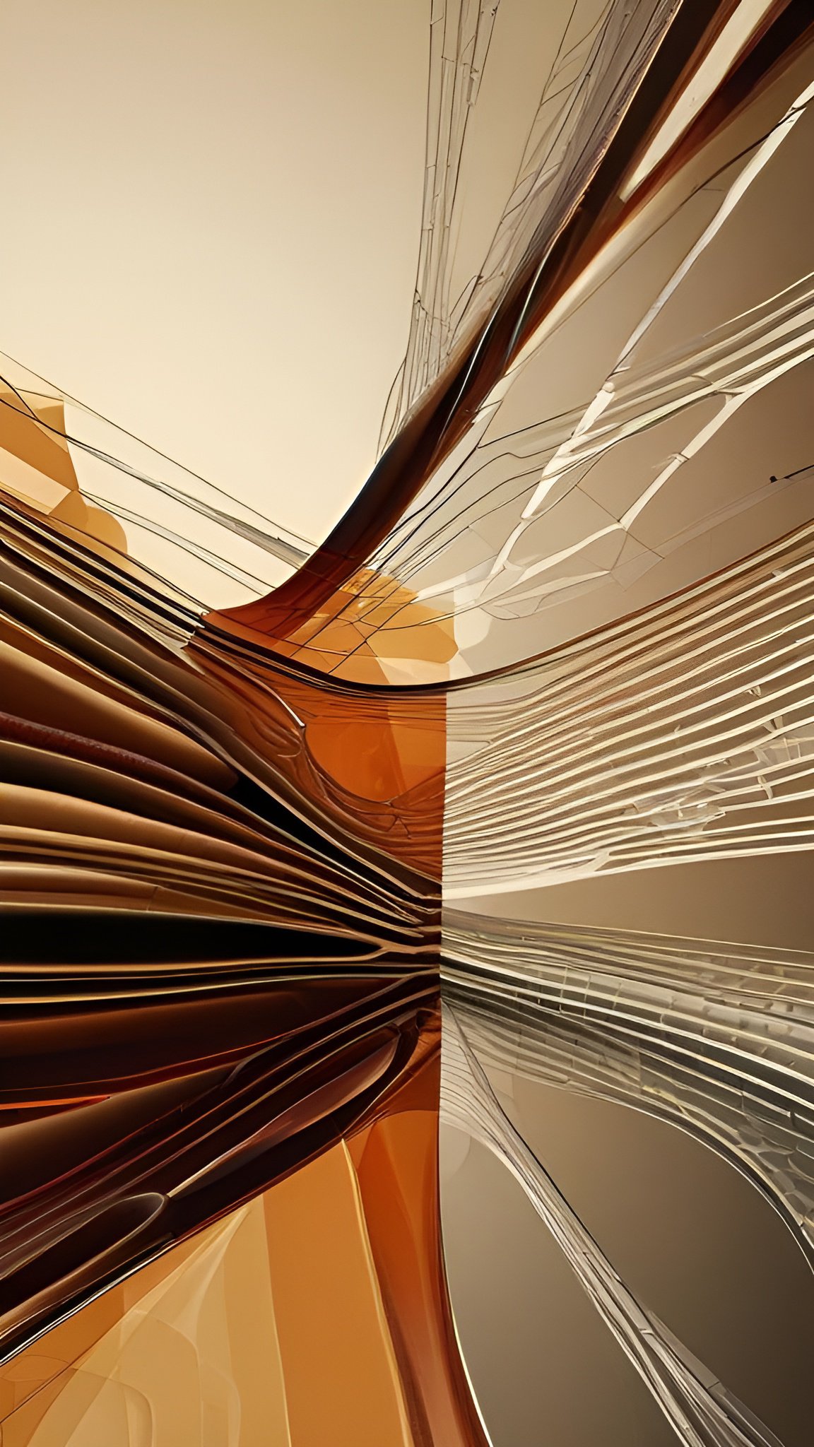 An abstract art of amber brown and cream glass metal curves under a pale sky