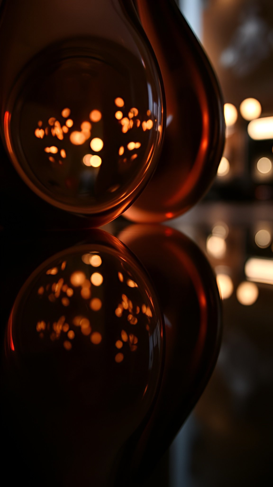 An abstract art creative photograph of amber drop shapes with orange bokeh orbs glossy curved forms soft focus background and warm tone reflections