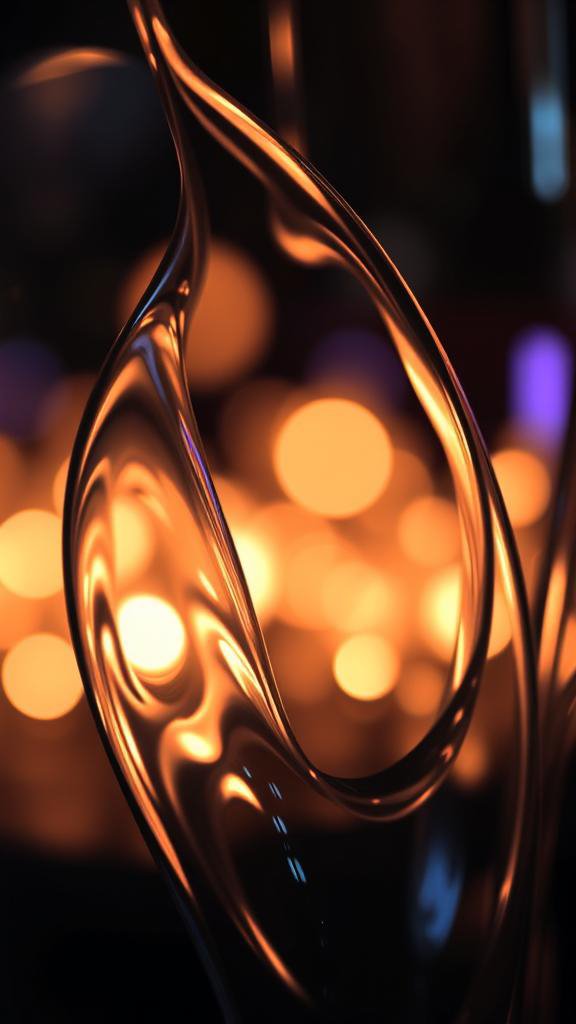 Abstract art image of an amber glass sculpture with curved form and warm bokeh lights