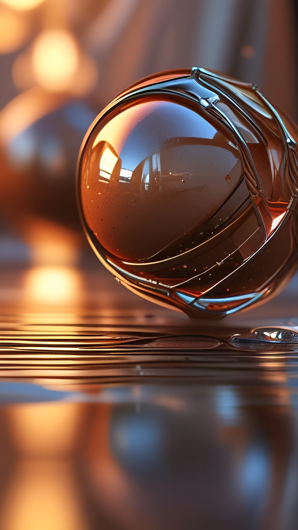 Photo of an amber glass sphere with chrome bands on a wet reflective surface