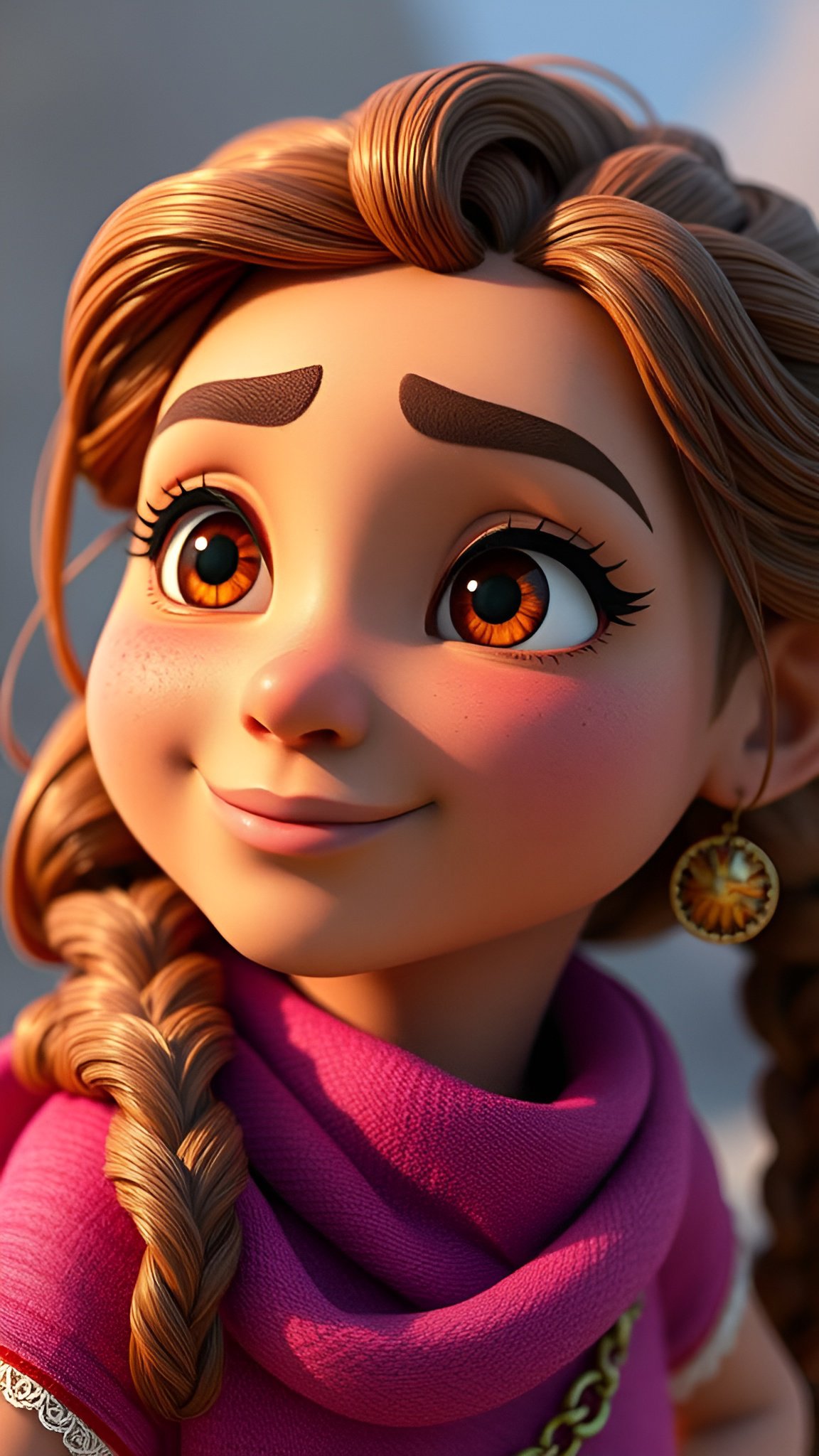 Animated young girl with braid orange eyes and pink scarf smiling closeup