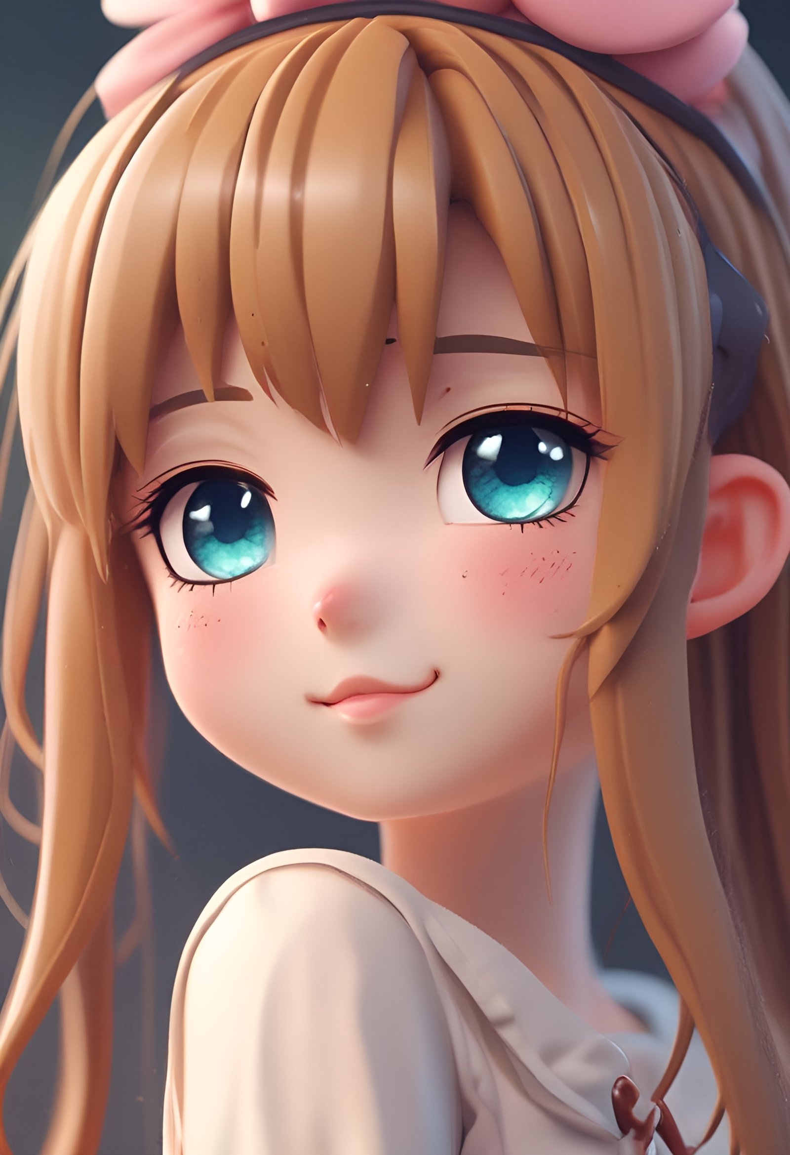 Anime style girl with blonde hair blue eyes and pink bow in her hair